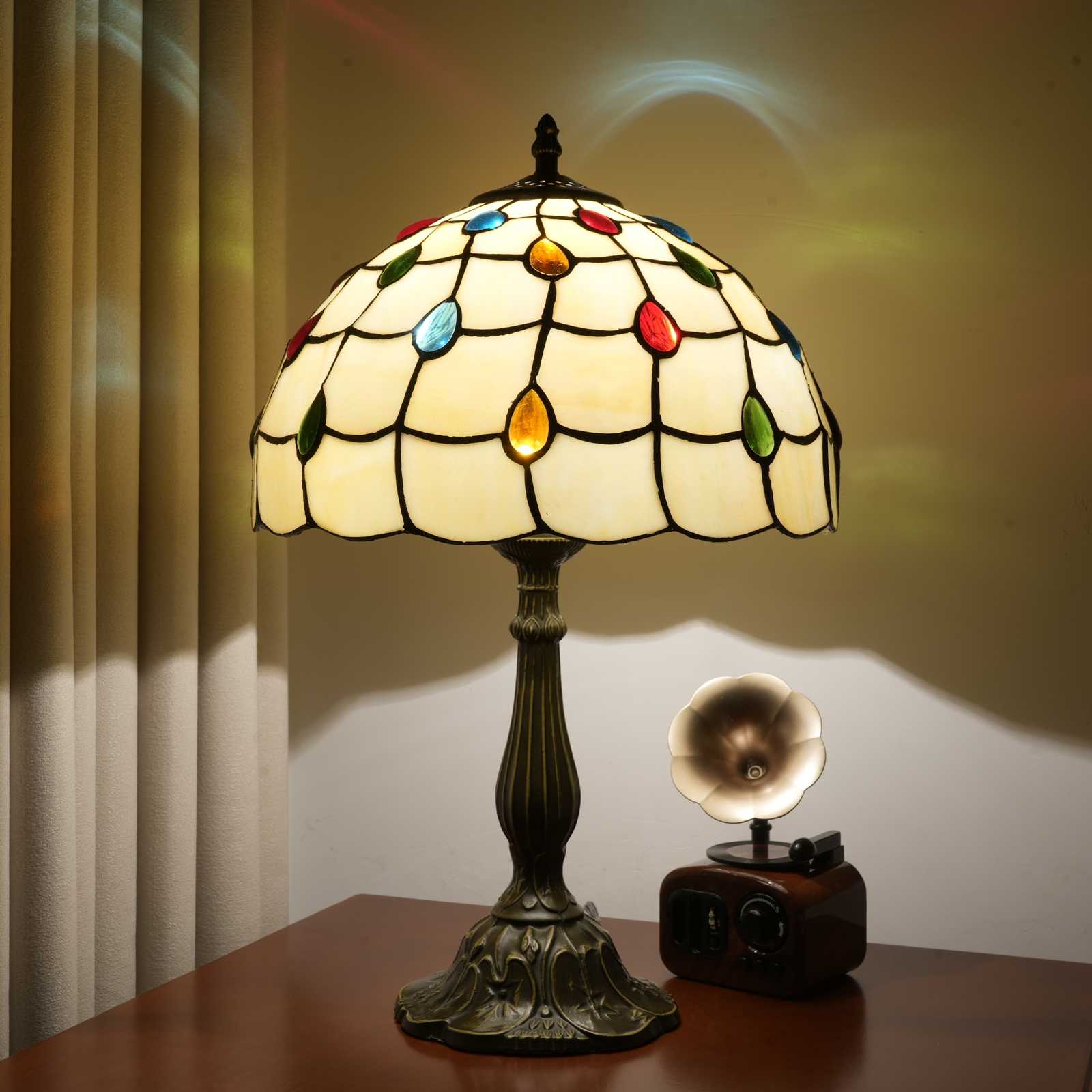 Blivuself Tiffany Stained Glass Table Lamp, Medieval Retro Style Multi-Colored Beads 12 Inch Bedside Lamp, Suitable For Bedroom Study Cafe And Other Home Decoration Art (OFT1277)