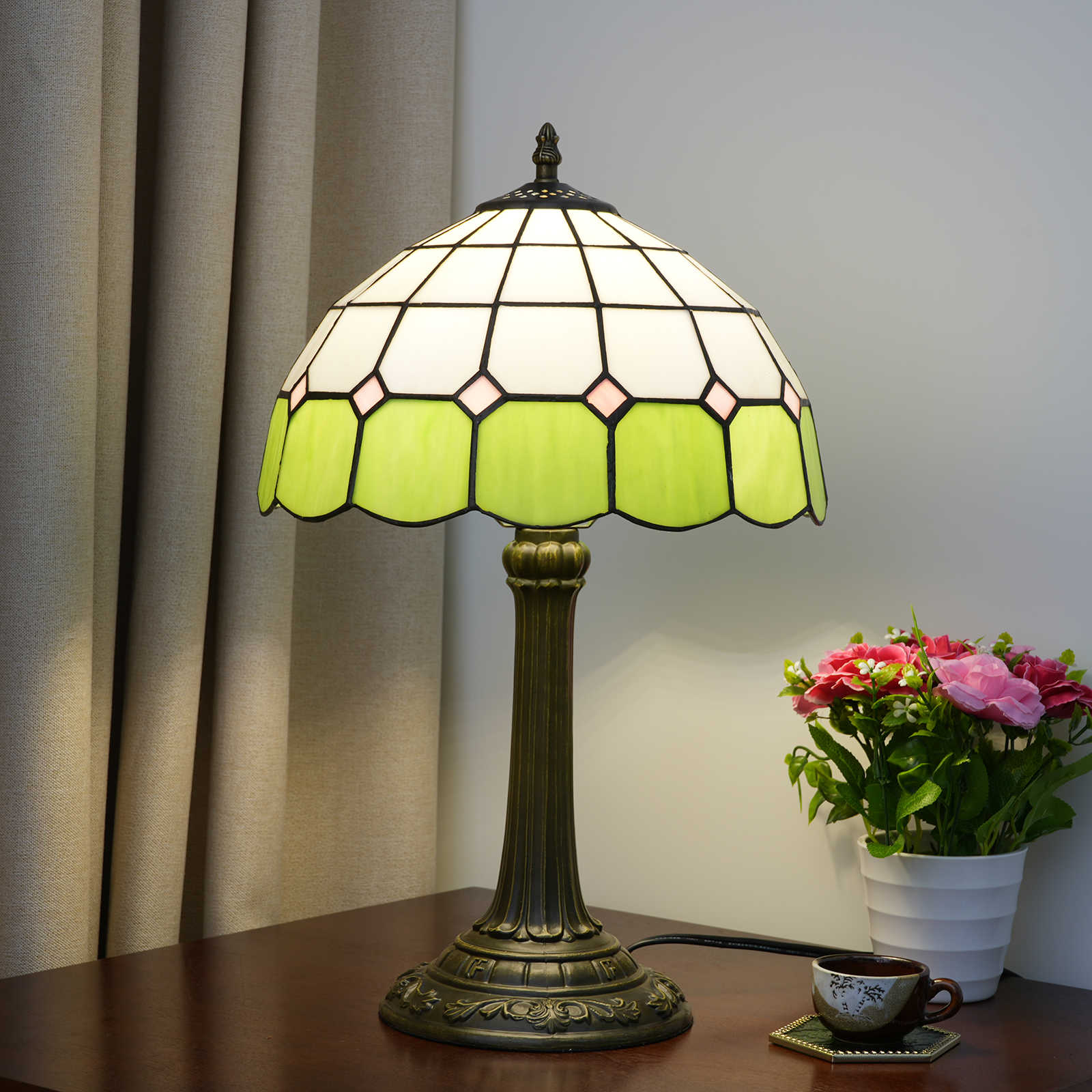 Blivuself Tiffany  Style Stained Glass Lamp Shade European Simple Retro Warm Air Green Green White Plaid 12-Inch Desk Lamp Eye Protection Table Lamp Is Suitable For Decorating Living Room, Study, Bedroom Nightstand, Desk Lamp, Decorative Retro Glass Lamp Shade, Desk, Retro Glass Desk, Kitchen Furniture Decoration 12-Inch Green And White Plaid Desk Lamp OFT1050