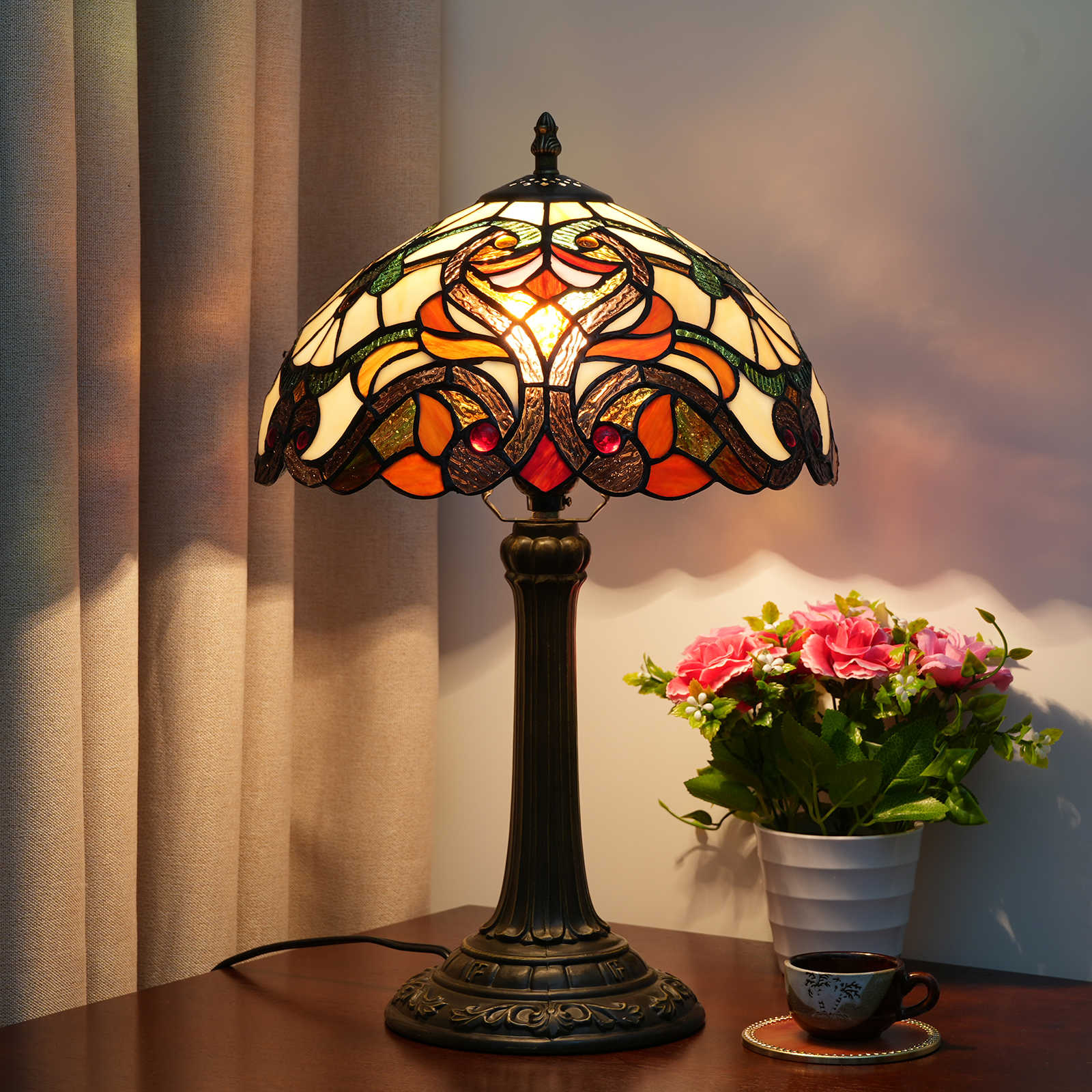 Blivuself Tiffany  Style 12 Inch Stained Glass Red Lamp Barlow Bedside Desk Reading Lamp Bedroom Dormitory Restaurant Bar Cafe Home Decor European And American Retro Romantic Style 12 Inch Red Baroque Of Antique Desk Lamp OFT968