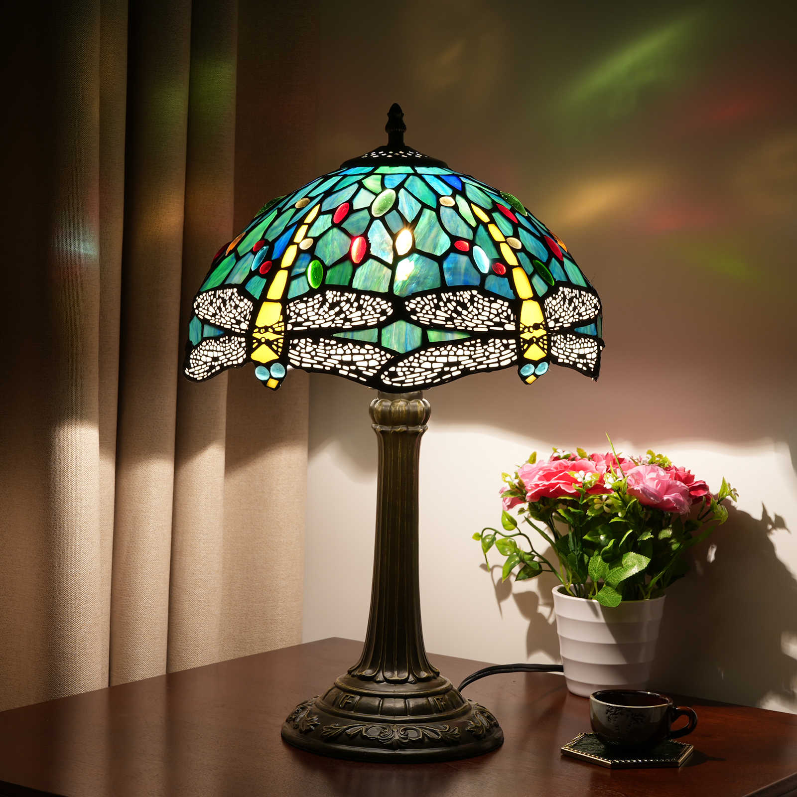 Blivuself Tiffany  Style Stained Glass Lamp Shade European And American Style Retro Style Turquoise Blue Dragonfly 12 Inch Table Lamp Eye Protection Lamp Is Suitable For Decorating Living Room, Study, Bedroom Nightstand, Table Lamp, Decorative Retro Glass Lamp Shade, Desk, Retro Glass Desk, Kitchen Furniture Decoration 12 Inch Blue Dragonfly Lamp OFT1004