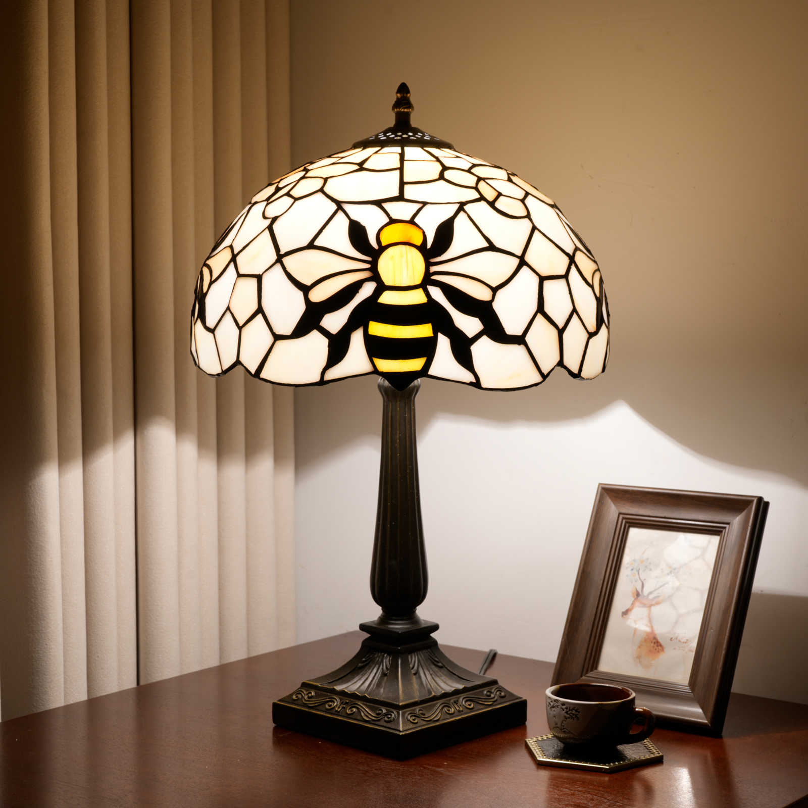 Blivuself 12 Inch Tiffany Style Baroque Pattern Stained Glass Table Lamp, Vintage Ornate Art Deco Desk Light with Multicolor Fan Motif & Red Jewel Accent Shade, Antique Bronze Metal Base, for Living Room, Bedroom, Office, Nightstand & Traditional Home Decor OFT1440
