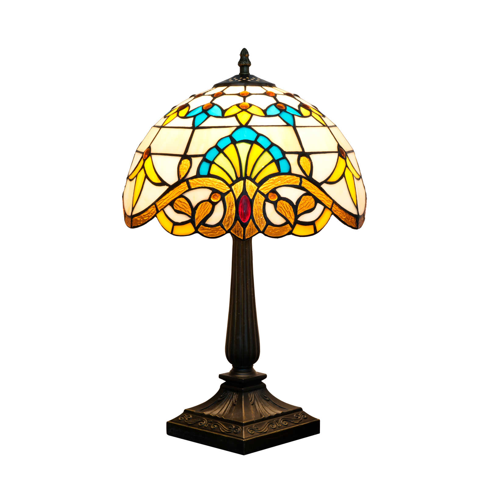 Blivuself 12 Inch Tiffany Style Baroque Pattern Stained Glass Table Lamp, Vintage Ornate Art Deco Desk Light with Multicolor Fan Motif & Red Jewel Accent Shade, Antique Bronze Metal Base, for Living Room, Bedroom, Office, Nightstand & Traditional Home Decor  OFT1439