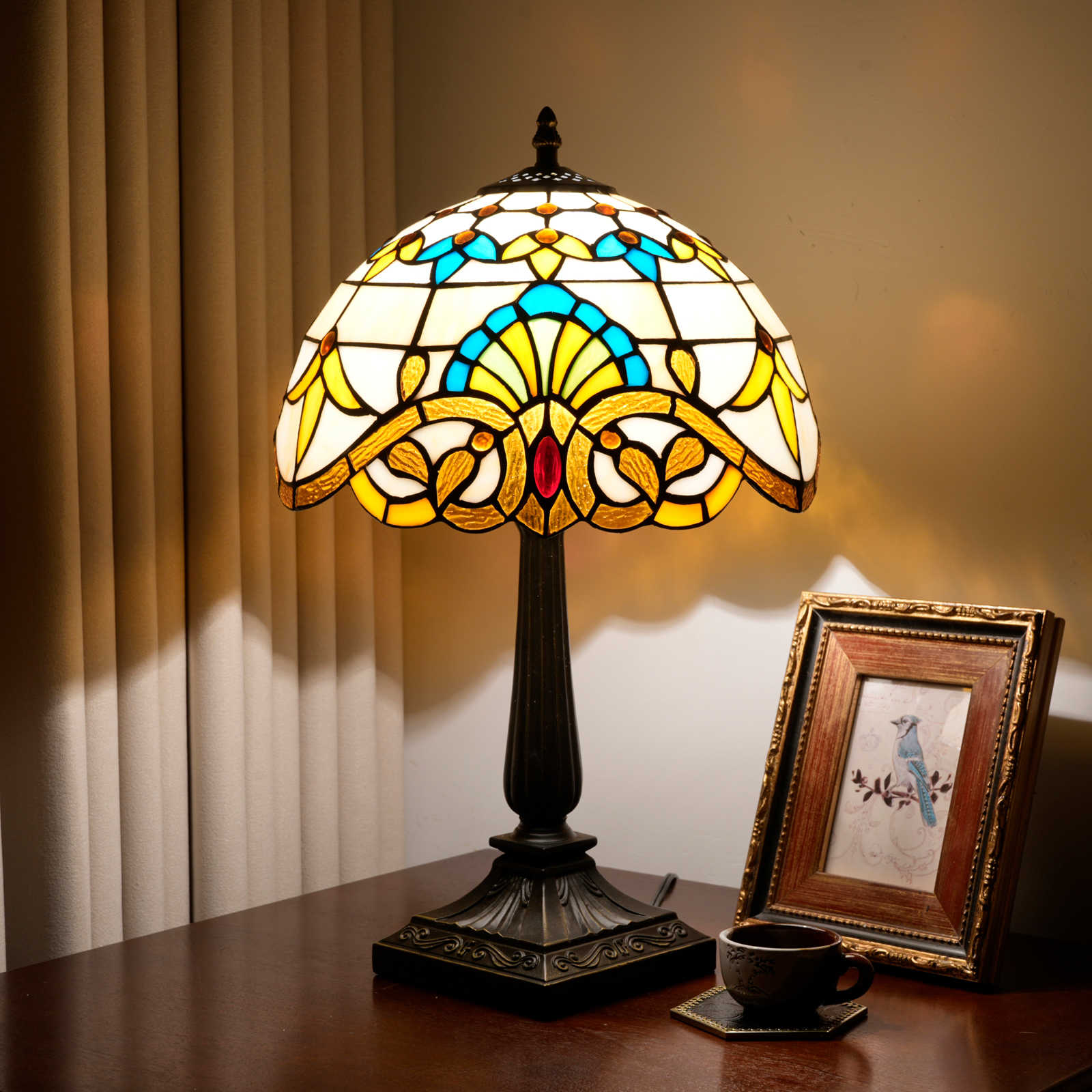 Blivuself 12 Inch Tiffany Style Baroque Pattern Stained Glass Table Lamp, Vintage Ornate Art Deco Desk Light with Multicolor Fan Motif & Red Jewel Accent Shade, Antique Bronze Metal Base, for Living Room, Bedroom, Office, Nightstand & Traditional Home Decor  OFT1439