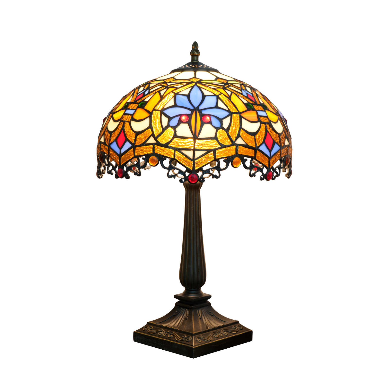 Blivuself 12 Inch Tiffany Style Mission Stained Glass Table Lamp, Art Deco Geometric Desk Light with Orange, Blue, Yellow & White Handcrafted Glass Shade, Antique Bronze Finished Metal Base, Perfect for Living Room, Bedroom, Office, Nightstand & Traditional Home Decor  OFT1438