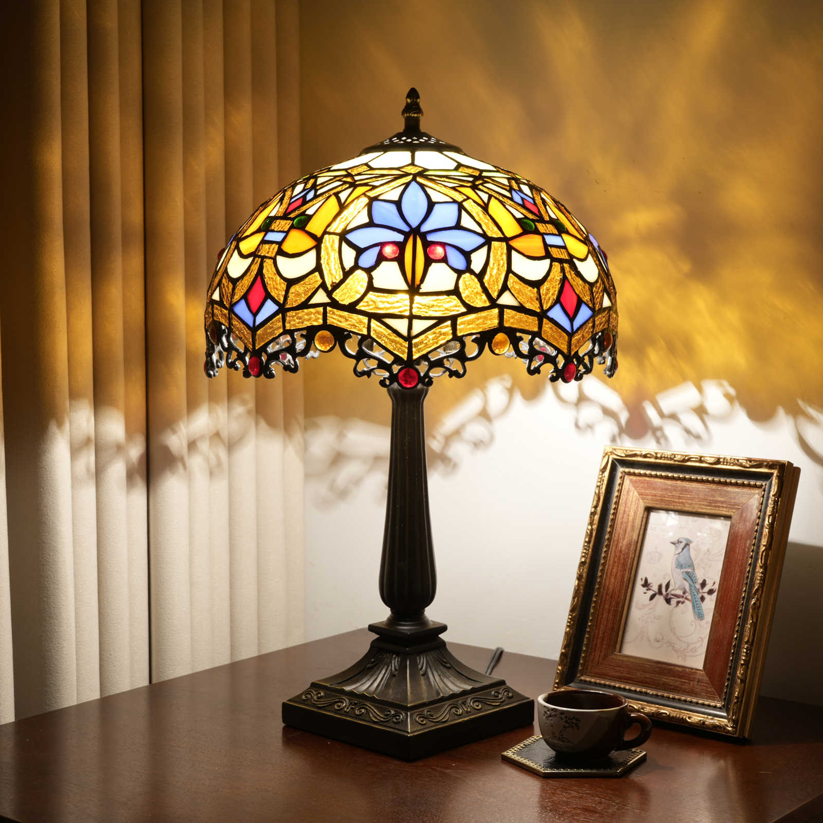 Blivuself 12 Inch Tiffany Style Mission Stained Glass Table Lamp, Art Deco Geometric Desk Light with Orange, Blue, Yellow & White Handcrafted Glass Shade, Antique Bronze Finished Metal Base, Perfect for Living Room, Bedroom, Office, Nightstand & Traditional Home Decor  OFT1438