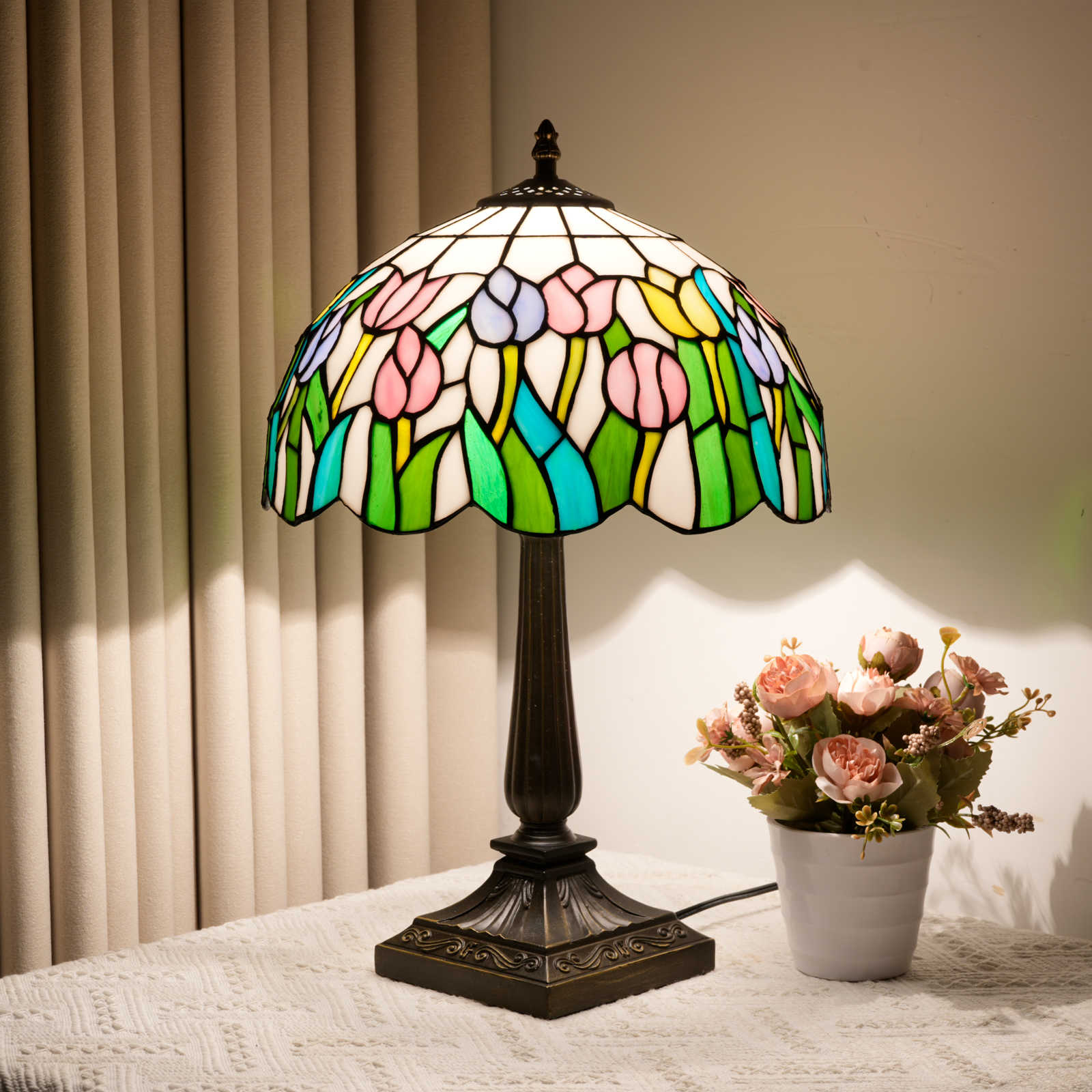 Blivuself Vintage Tiffany Style Tulip Floral Table Lamp, 12 Inch Handcrafted Stained Glass Nightstand Light with Multicolor Pink, Yellow and White Tulip Pattern, Nature Inspired Art Deco Accent Lamp, Antique Bronze Metal Base, 57 Inch Cord, Ideal for Bedroom, Living Room, Home Office, Rustic & Boho Decor OFT1415