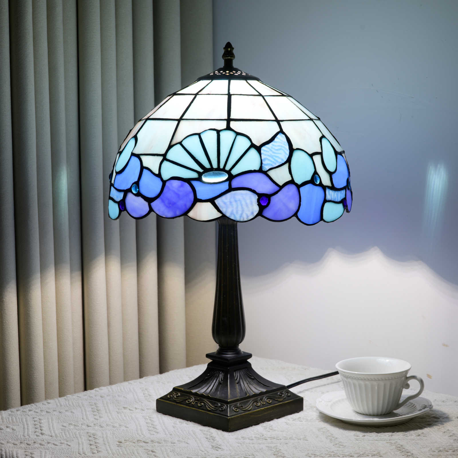 Blivuself Vintage Tiffany Style Iris Floral Table Lamp, 12 Inch Handcrafted Stained Glass Nightstand Light with Purple Iris and Green Leaf Pattern, Nature Inspired Art Deco Accent Lamp, Antique Bronze Metal Base, 57 Inch Cord, Ideal for Bedroom, Living Room, Home Office, Rustic & Boho Decor  OFT1413