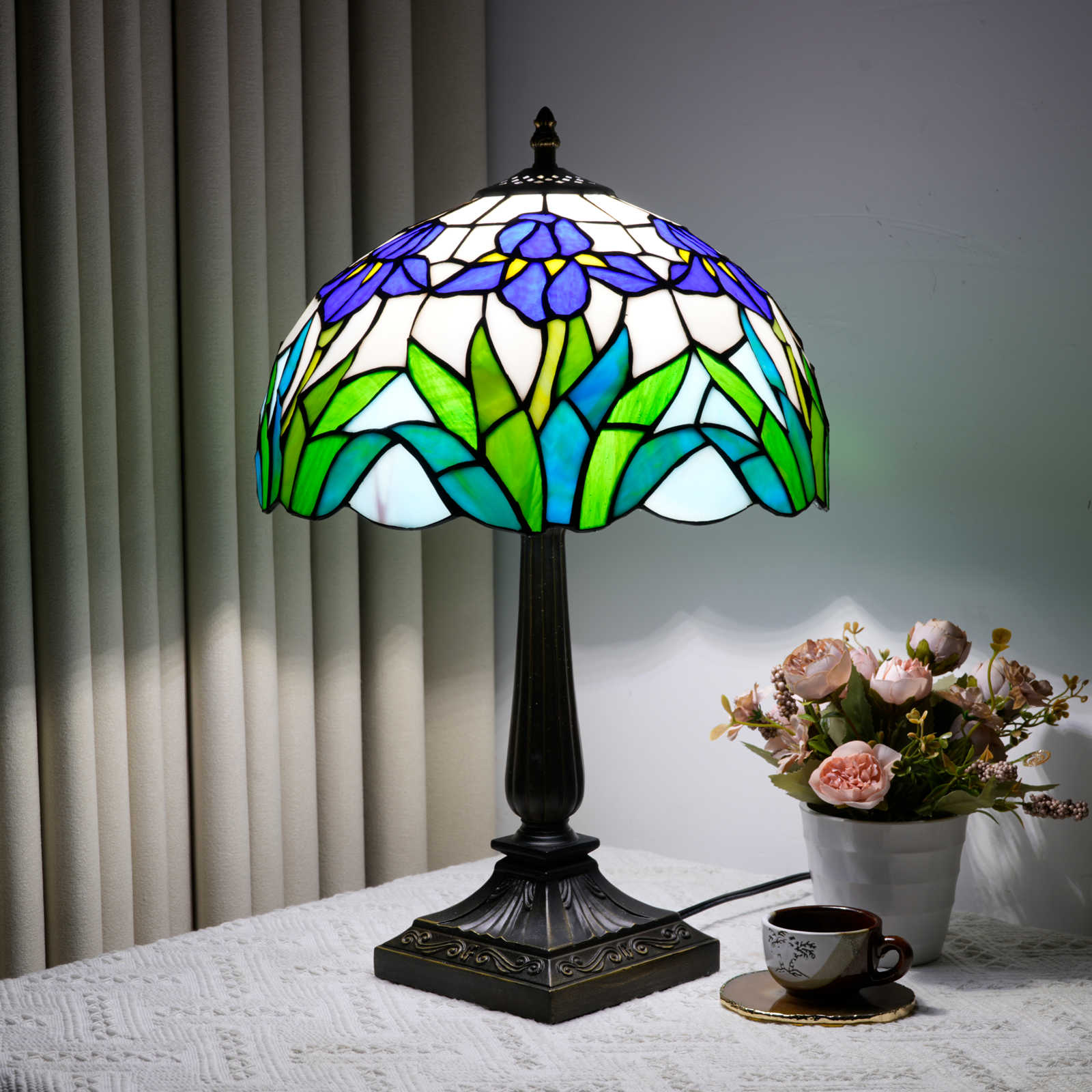 Blivuself 12 Inch Tall Tiffany Style Purple Iris Glass Lamp, Retro Floral Art Deco Accent Table Light with Vibrant Purple Iris and Green Stained Glass Shade, Handcrafted Nature Design, Antique Bronze Finished Base, Inline Switch, Suitable for Bedroom, Living Room, Office, Farmhouse, Cottage Home Decor OFT1412