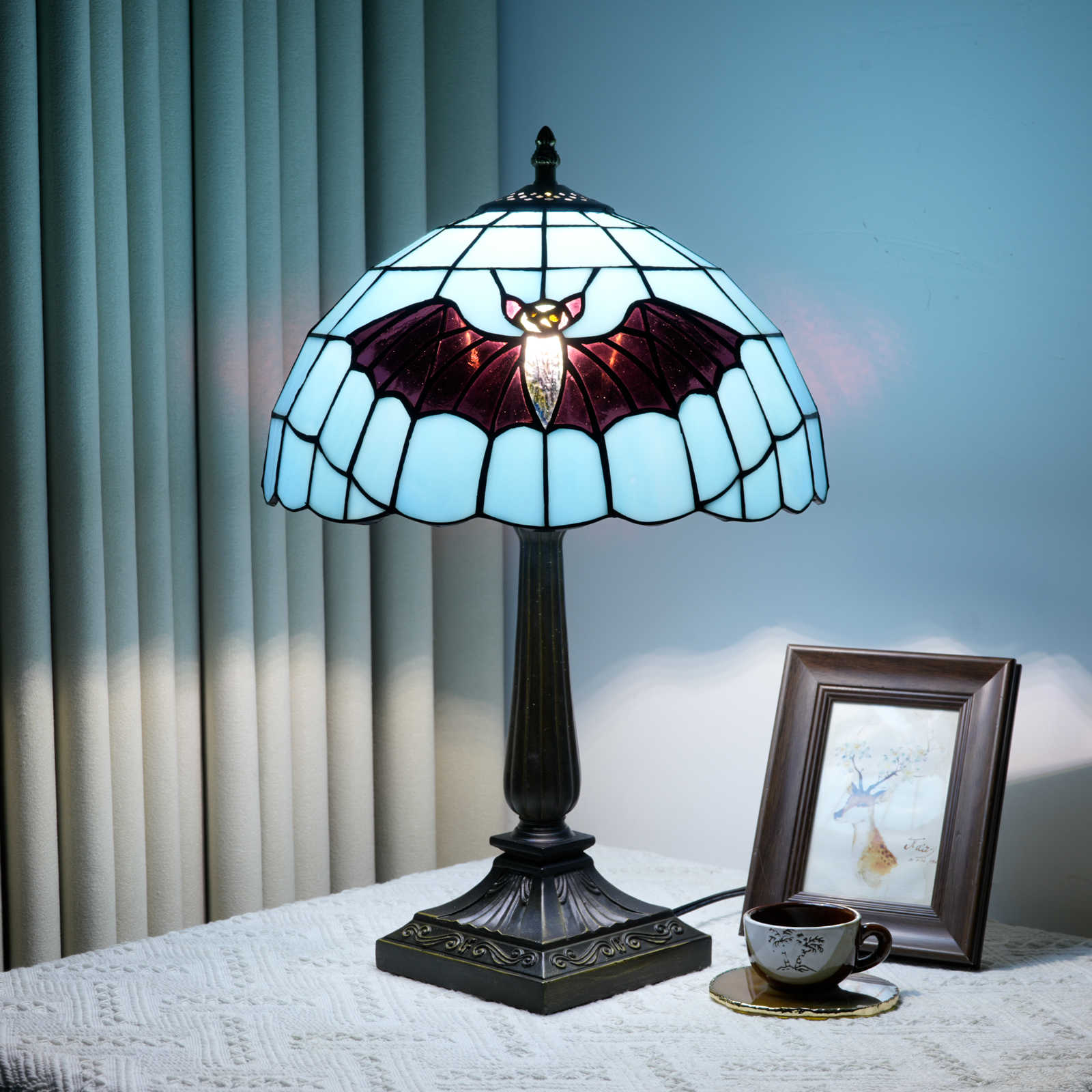 Blivuself 12 Inch Tall Tiffany Style Bat Glass Lamp, Retro Gothic Art Deco Accent Table Light with Vibrant Light Blue and Purple Bat Stained Glass Shade, Handcrafted Whimsical Design, Antique Bronze Finished Base, Inline Switch, Suitable for Bedroom, Living Room, Office, Farmhouse, Halloween Home Decor OFT1411