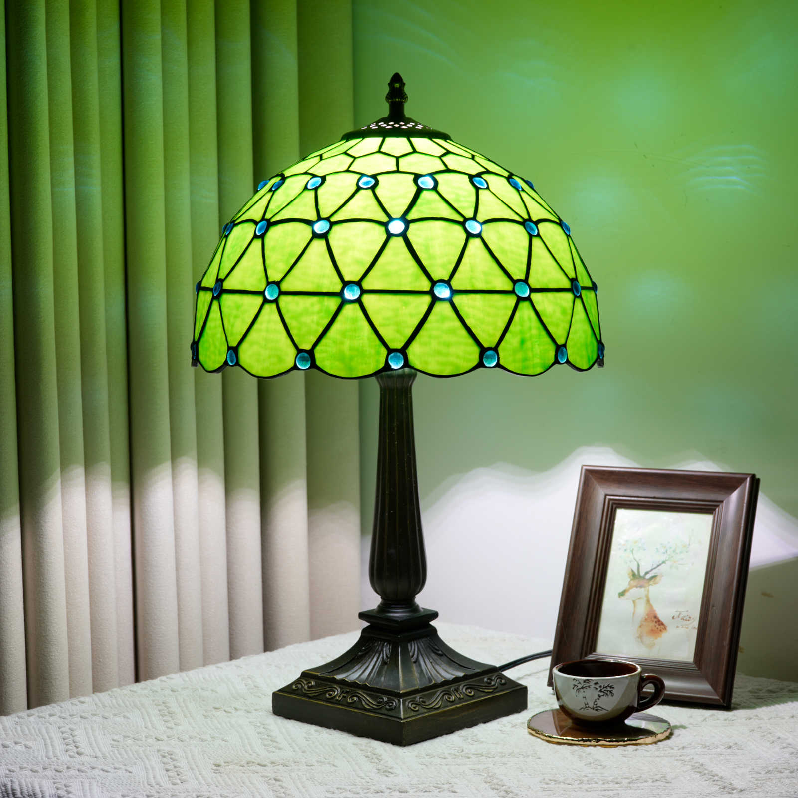 Blivuself 12 Inch Tall Tiffany Style Green Geometric Glass Lamp, Retro Art Deco Accent Table Light with Vibrant Green and Blue Jewel Stained Glass Shade, Nature-Inspired Design, Antique Bronze Finished Base, Inline Switch, Suitable for Bedroom, Living Room, Office, Farmhouse, Cottage Home Decor OFT1410
