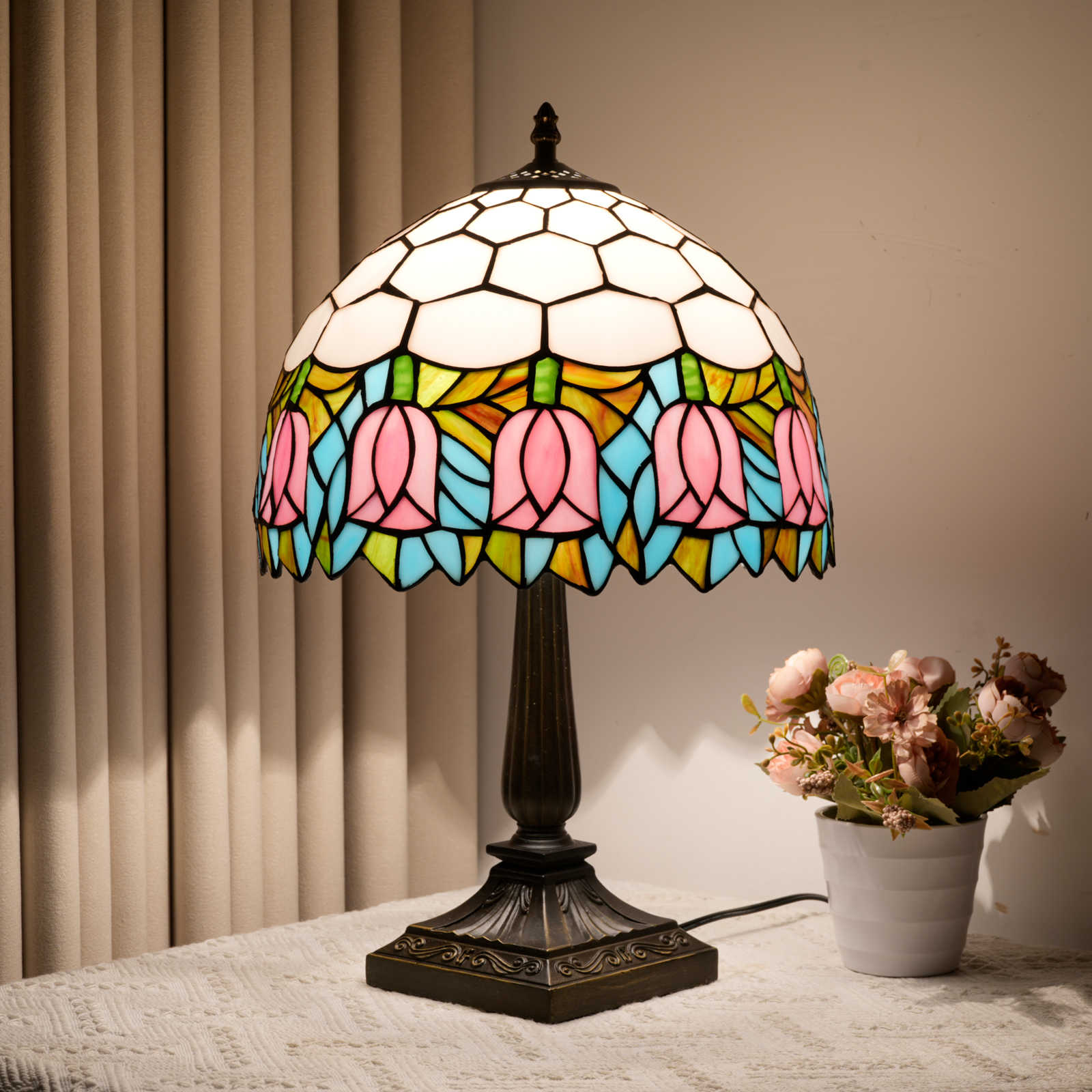 Blivuself 12 Inch Tall Tiffany Style Pink Tulip Glass Lamp, Retro Floral Art Deco Accent Table Light with Vibrant Pink Tulip and Multicolor Stained Glass Shade, Handcrafted Nature Design, Antique Bronze Finished Base, Inline Switch, Suitable for Bedroom, Living Room, Office, Farmhouse, Cottage Home Decor OFT1409