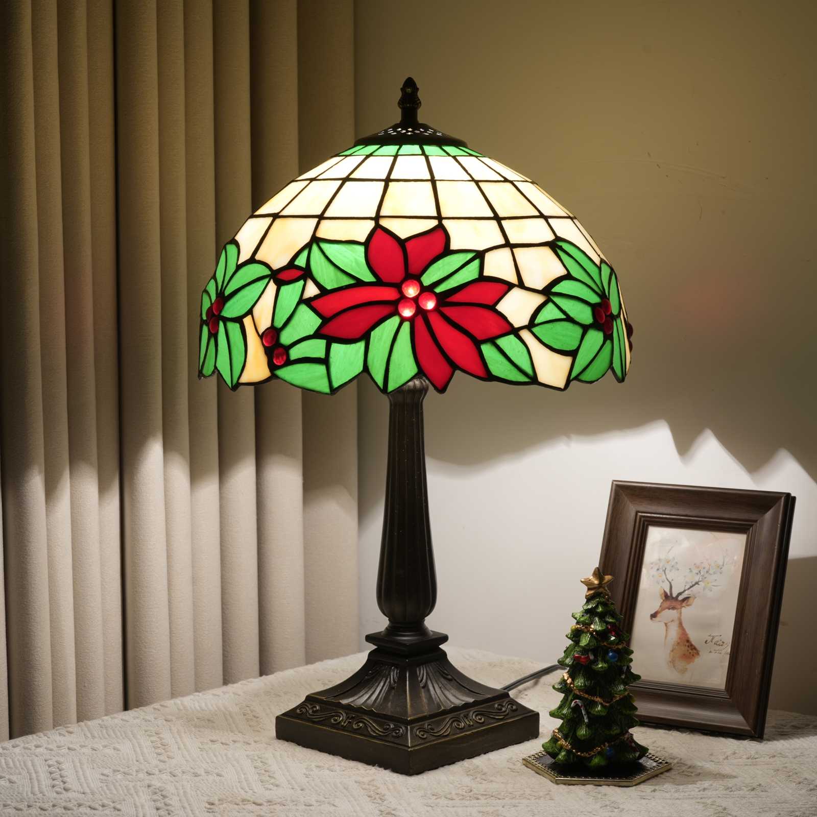 Blivuself 12 Inch Tall Tiffany Style Poinsettia Christmas Glass Lamp, Retro Festive Art Deco Accent Table Light with Vibrant Red Poinsettia and Green Holly Stained Glass Shade, Holiday Floral Design, Antique Bronze Finished Base, Inline Switch, Suitable for Bedroom, Living Room, Office, Farmhouse, Cottage Christmas Home Decor OFT1405