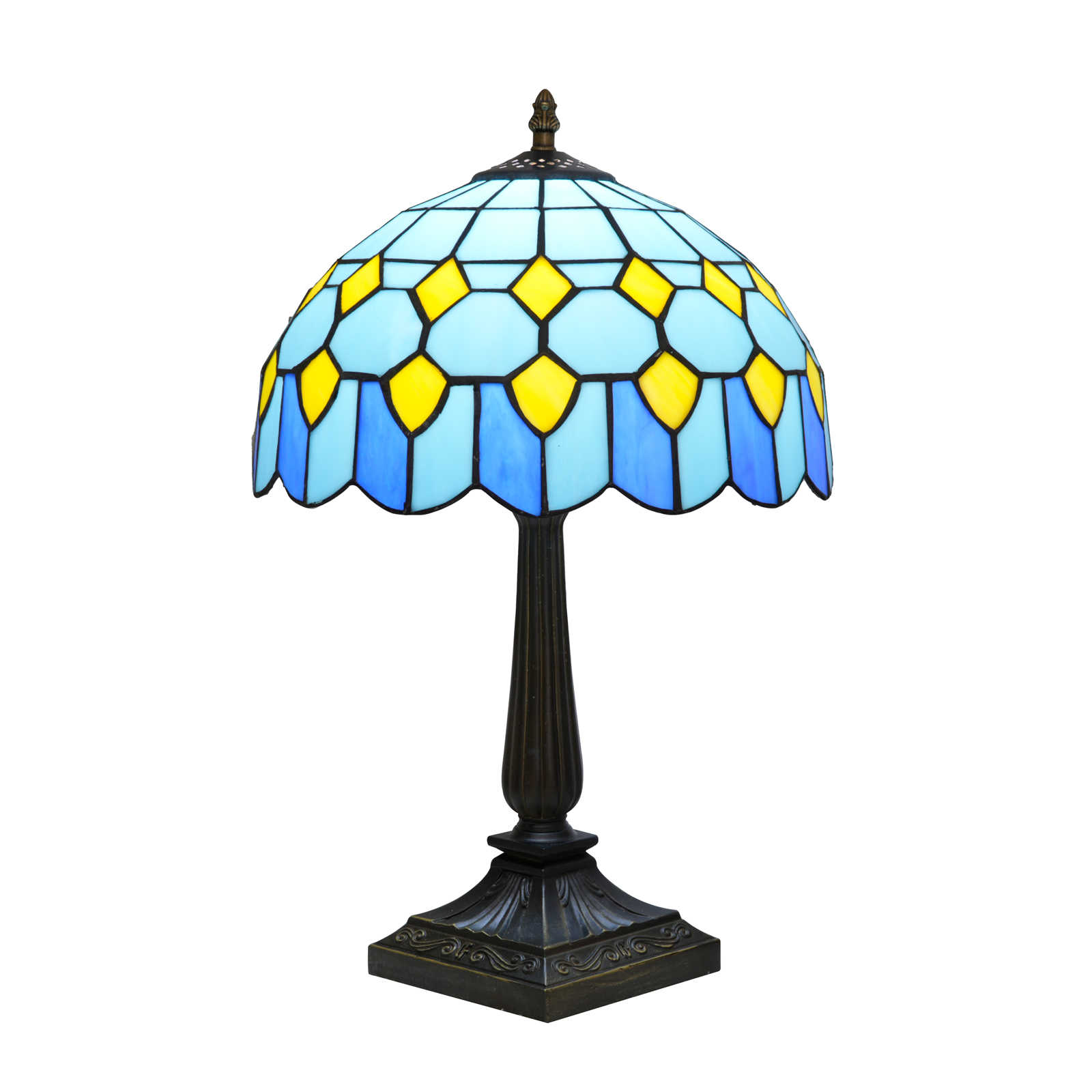 Blivuself Vintage Tiffany Style Light Blue and Yellow Geometric Table Lamp, 12 Inch Handcrafted Stained Glass Nightstand Light with Pastel Blue and Yellow Pattern, Art Deco Coastal Themed Accent Lamp, Antique Bronze Metal Base, 57 Inch Cord, Ideal for Bedroom, Living Room, Home Office, Rustic & Beach House Decor OFT1404