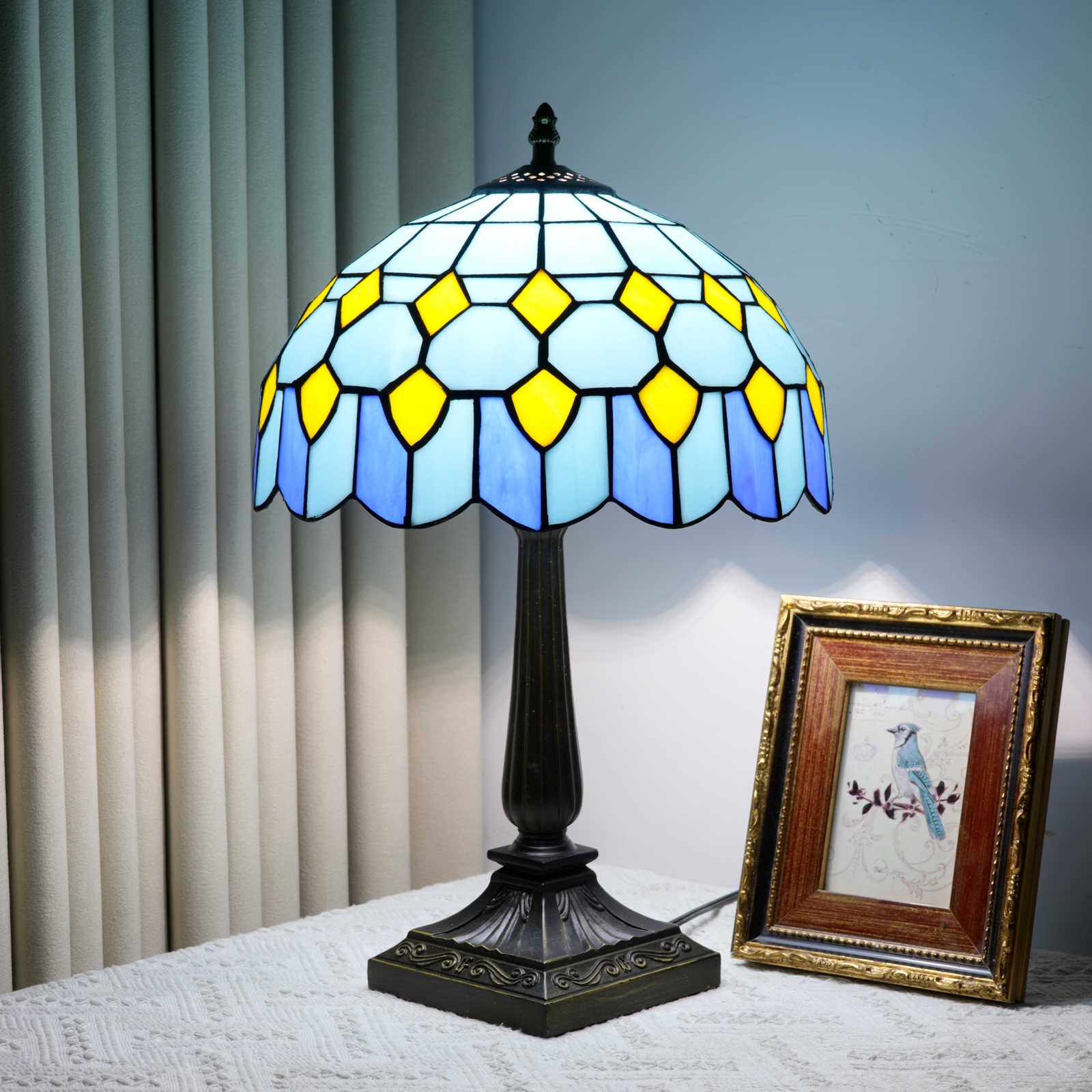 Blivuself Vintage Tiffany Style Light Blue and Yellow Geometric Table Lamp, 12 Inch Handcrafted Stained Glass Nightstand Light with Pastel Blue and Yellow Pattern, Art Deco Coastal Themed Accent Lamp, Antique Bronze Metal Base, 57 Inch Cord, Ideal for Bedroom, Living Room, Home Office, Rustic & Beach House Decor OFT1404