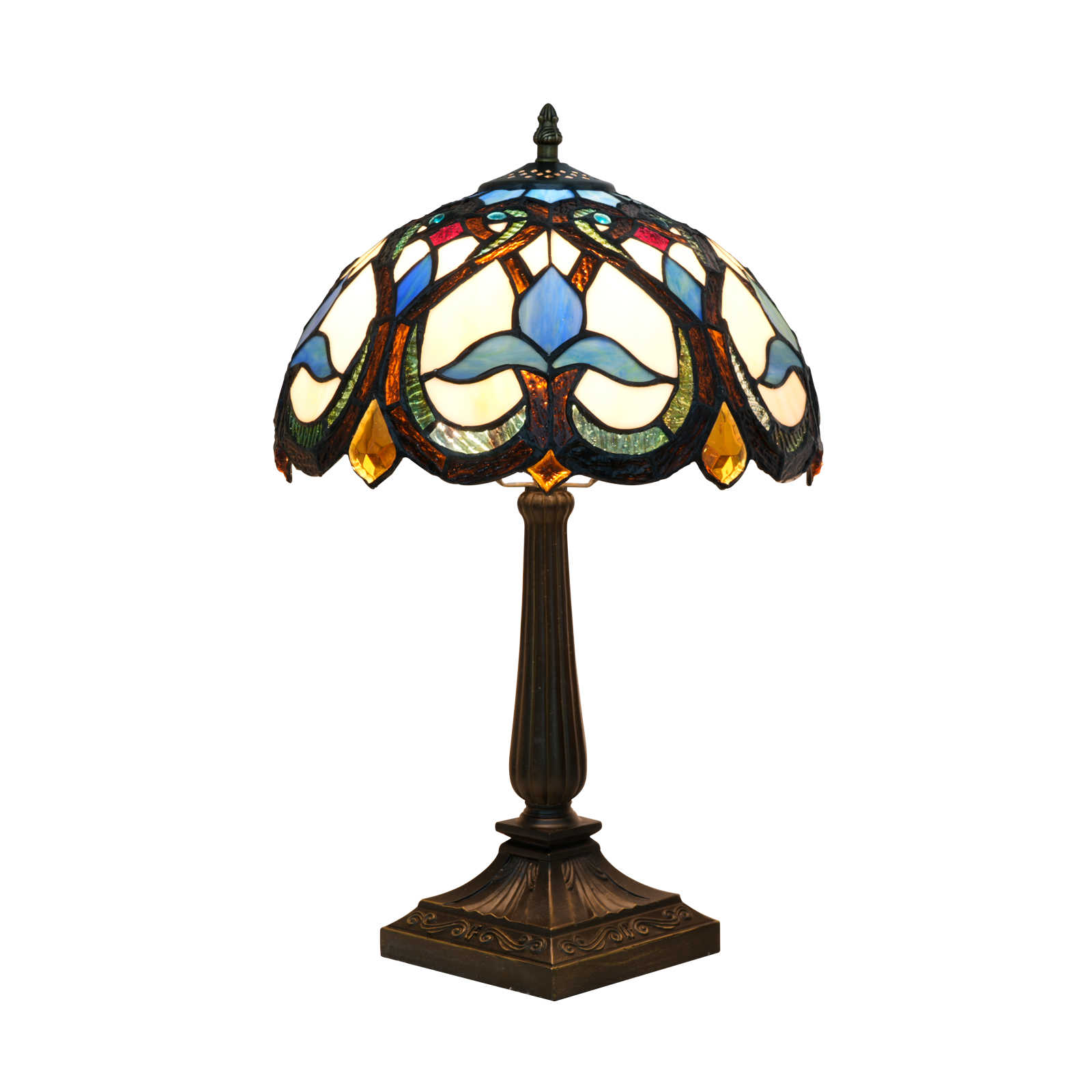 Blivuself Vintage Tiffany Style Art Nouveau Floral Table Lamp, 12 Inch Handcrafted Stained Glass Nightstand Light with Multicolor Blue, Cream and Amber Pattern, Jewel Embellished Accent Lamp, Antique Bronze Metal Base, 57 Inch Cord, Ideal for Bedroom, Living Room, Home Office, Rustic & Retro Decor OFT1402