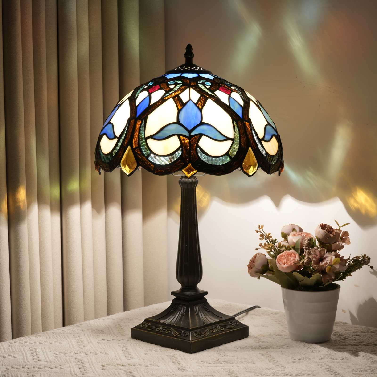 Blivuself Vintage Tiffany Style Art Nouveau Floral Table Lamp, 12 Inch Handcrafted Stained Glass Nightstand Light with Multicolor Blue, Cream and Amber Pattern, Jewel Embellished Accent Lamp, Antique Bronze Metal Base, 57 Inch Cord, Ideal for Bedroom, Living Room, Home Office, Rustic & Retro Decor OFT1402