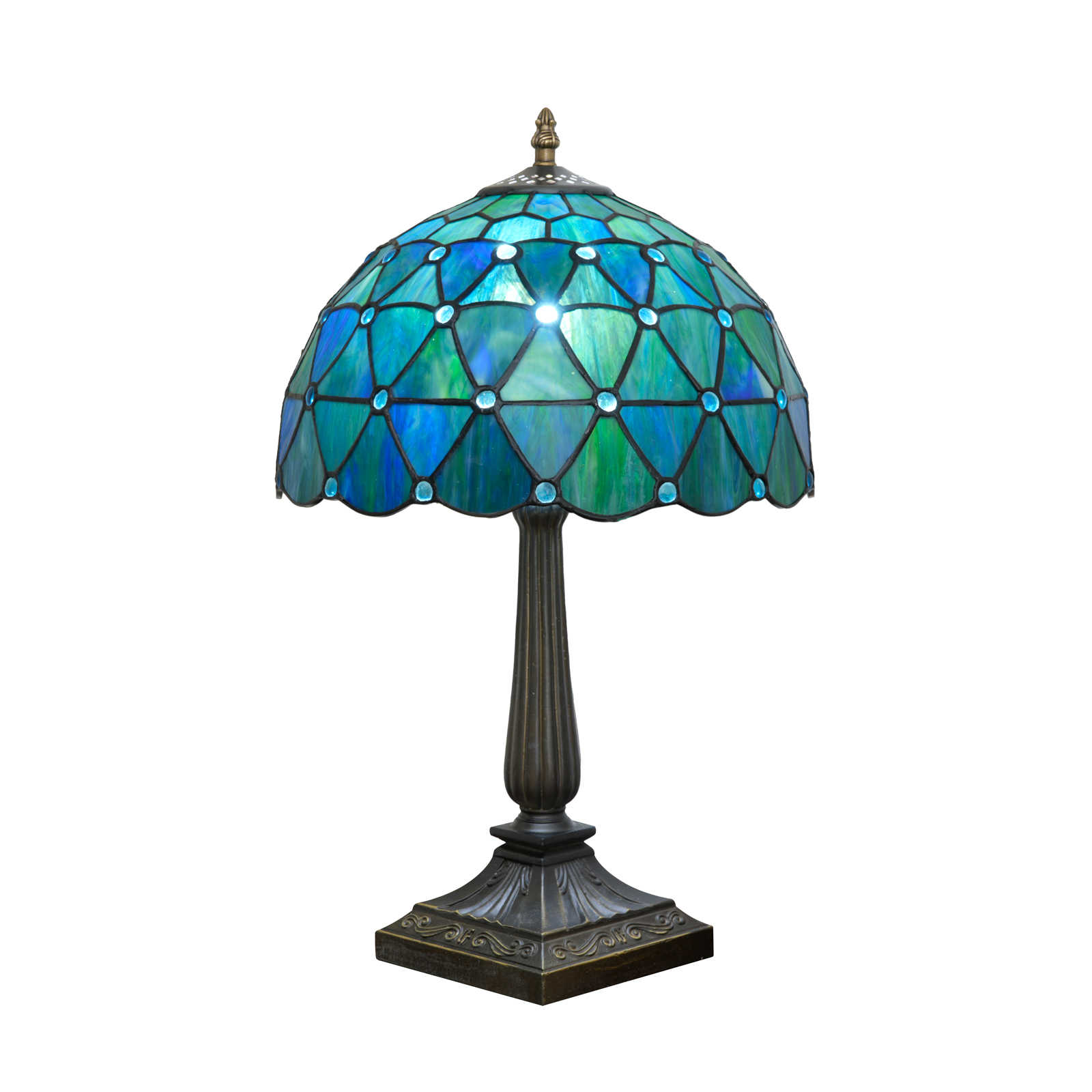 Blivuself Vintage Tiffany Style Teal Blue Green Geometric Table Lamp, 12 Inch Handcrafted Stained Glass Nightstand Light with Jewel Trim, Art Deco Ocean Themed Accent Lamp, Antique Bronze Metal Base, 57 Inch Cord, Ideal for Bedroom, Living Room, Home Office, Rustic & Beach House Decor OFT1400