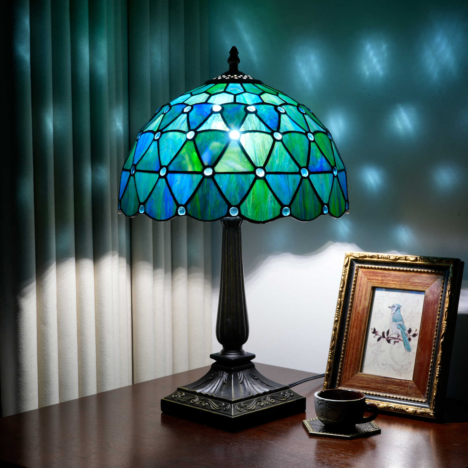 Blivuself Vintage Tiffany Style Teal Blue Green Geometric Table Lamp, 12 Inch Handcrafted Stained Glass Nightstand Light with Jewel Trim, Art Deco Ocean Themed Accent Lamp, Antique Bronze Metal Base, 57 Inch Cord, Ideal for Bedroom, Living Room, Home Office, Rustic & Beach House Decor OFT1400