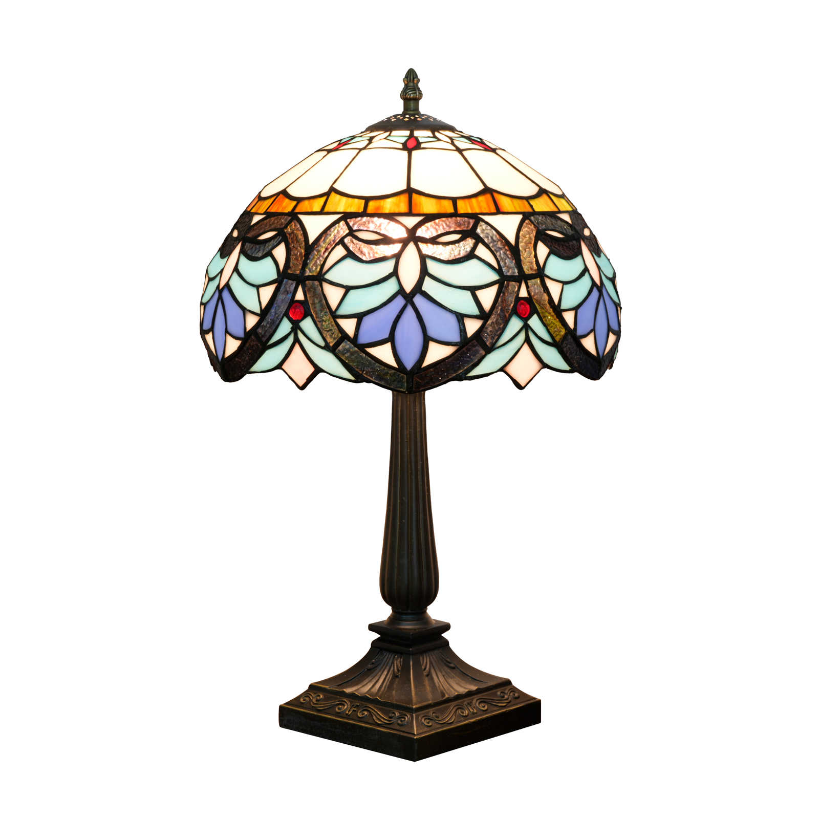 Blivuself Vintage Tiffany Style Art Deco Geometric Table Lamp, 12 Inch Handcrafted Stained Glass Nightstand Light with Multicolor Blue, Orange and White Pattern, Jewel Embellished Accent Lamp, Antique Bronze Metal Base, 57 Inch Cord, Ideal for Bedroom, Living Room, Home Office, Rustic & Retro Decor OFT1399