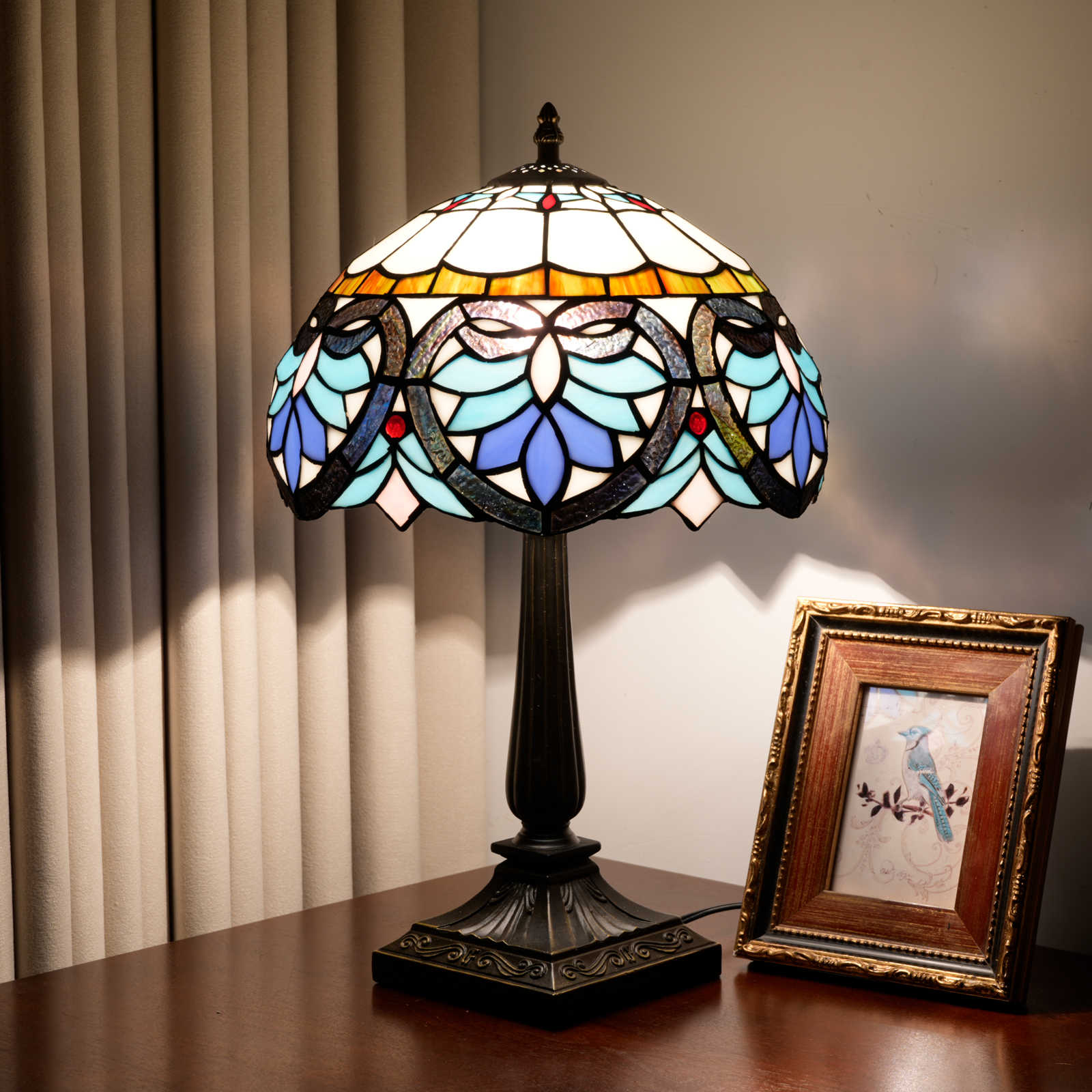 Blivuself Vintage Tiffany Style Art Deco Geometric Table Lamp, 12 Inch Handcrafted Stained Glass Nightstand Light with Multicolor Blue, Orange and White Pattern, Jewel Embellished Accent Lamp, Antique Bronze Metal Base, 57 Inch Cord, Ideal for Bedroom, Living Room, Home Office, Rustic & Retro Decor OFT1399