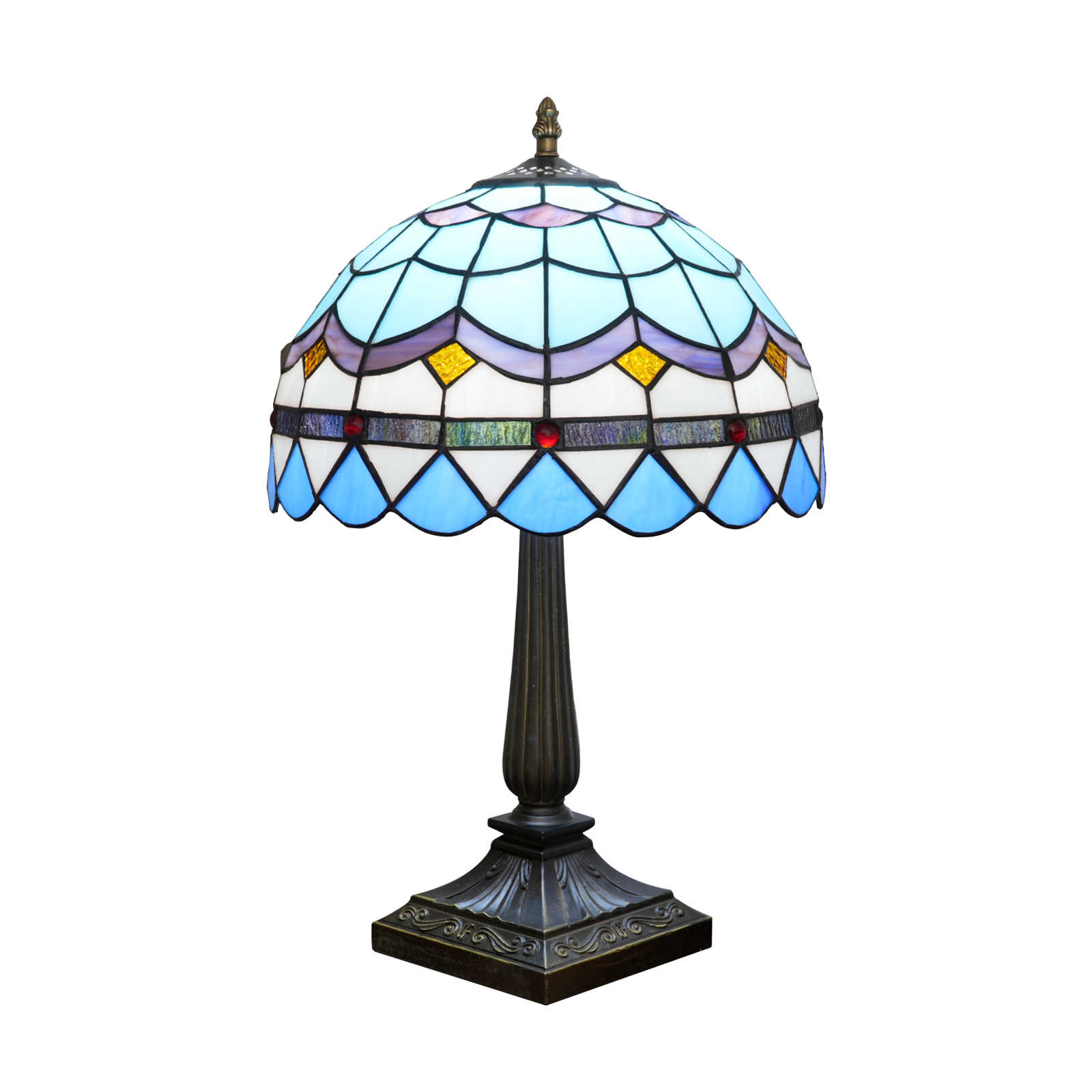 Blivuself 12 Inch Tall Tiffany Style Light Blue Geometric Glass Lamp, Retro Art Deco Accent Table Light with Colorful Geometric Stained Glass Shade, Ocean-Inspired Design, Jewel Embellished, Antique Bronze Finished Base, Inline Switch, Suitable for Bedroom, Living Room, Office, Farmhouse, Coastal Home Decor OFT1397
