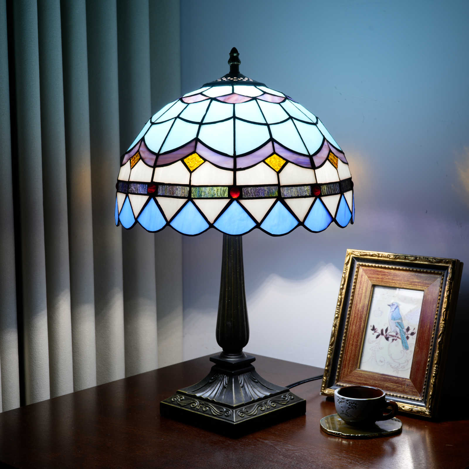 Blivuself 12 Inch Tall Tiffany Style Light Blue Geometric Glass Lamp, Retro Art Deco Accent Table Light with Colorful Geometric Stained Glass Shade, Ocean-Inspired Design, Jewel Embellished, Antique Bronze Finished Base, Inline Switch, Suitable for Bedroom, Living Room, Office, Farmhouse, Coastal Home Decor OFT1397