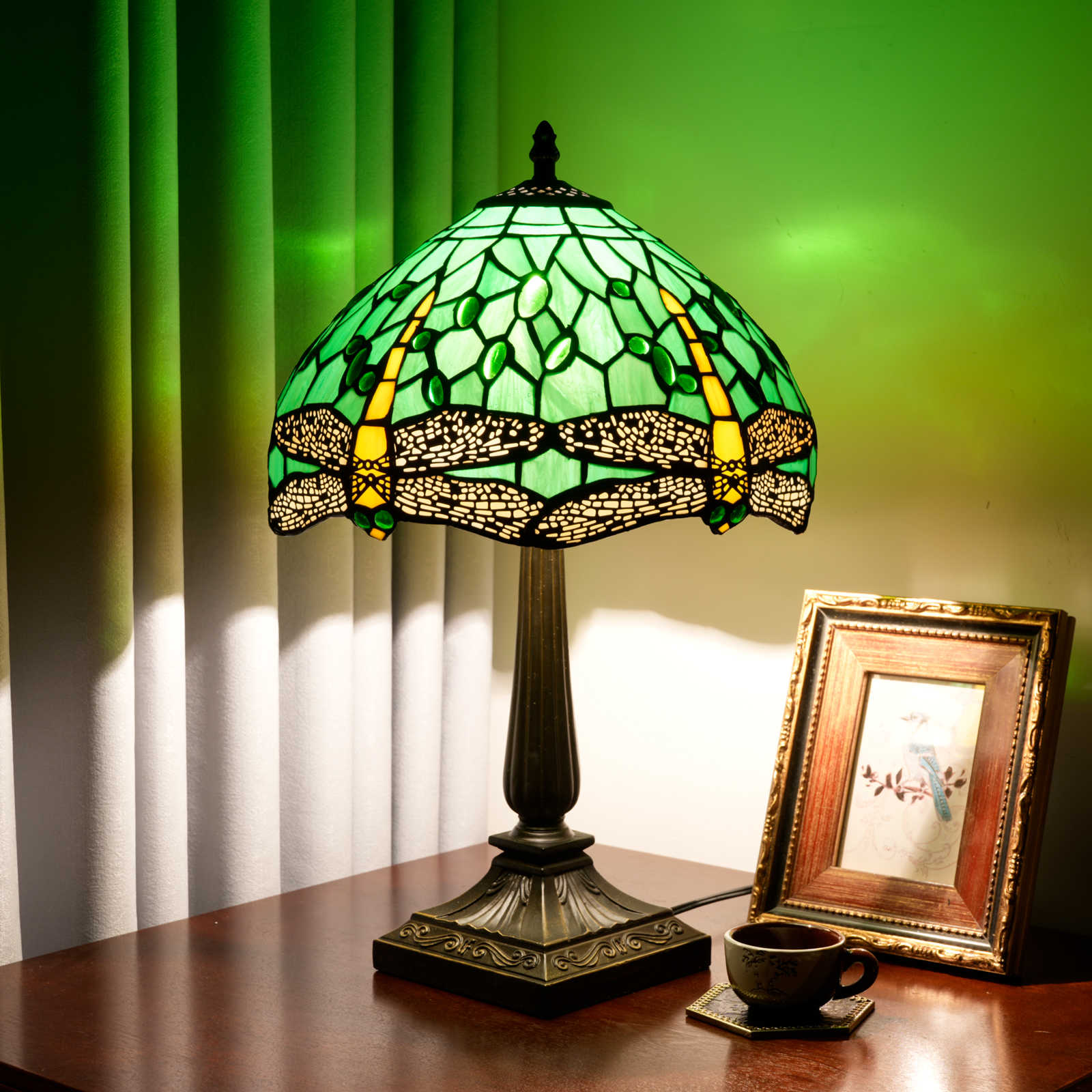 Blivuself Vintage Green Dragonfly Tiffany Table Lamp, 12 Inch Handcrafted Stained Glass Art Deco Nightstand Lamp with Antique Bronze Finish Aluminium Alloy Base, Jeweled Bedside Light for Bedroom, Living Room, Office, Home Decor OFT1392