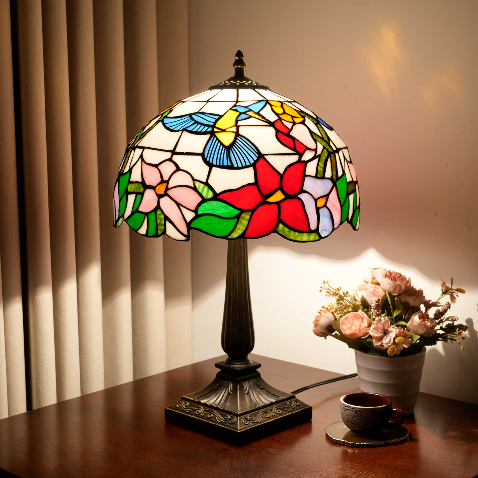 Blivuself Vintage Tiffany Style Hummingbird Floral Table Lamp, 12 Inch Handcrafted Stained Glass Nightstand Light with Colorful Hummingbird and Flower Pattern, Art Deco Nature Themed Accent Lamp, Antique Bronze Metal Base, 57 Inch Cord, Ideal for Bedroom, Living Room, Home Office, Rustic & Retro Decor OFT1396