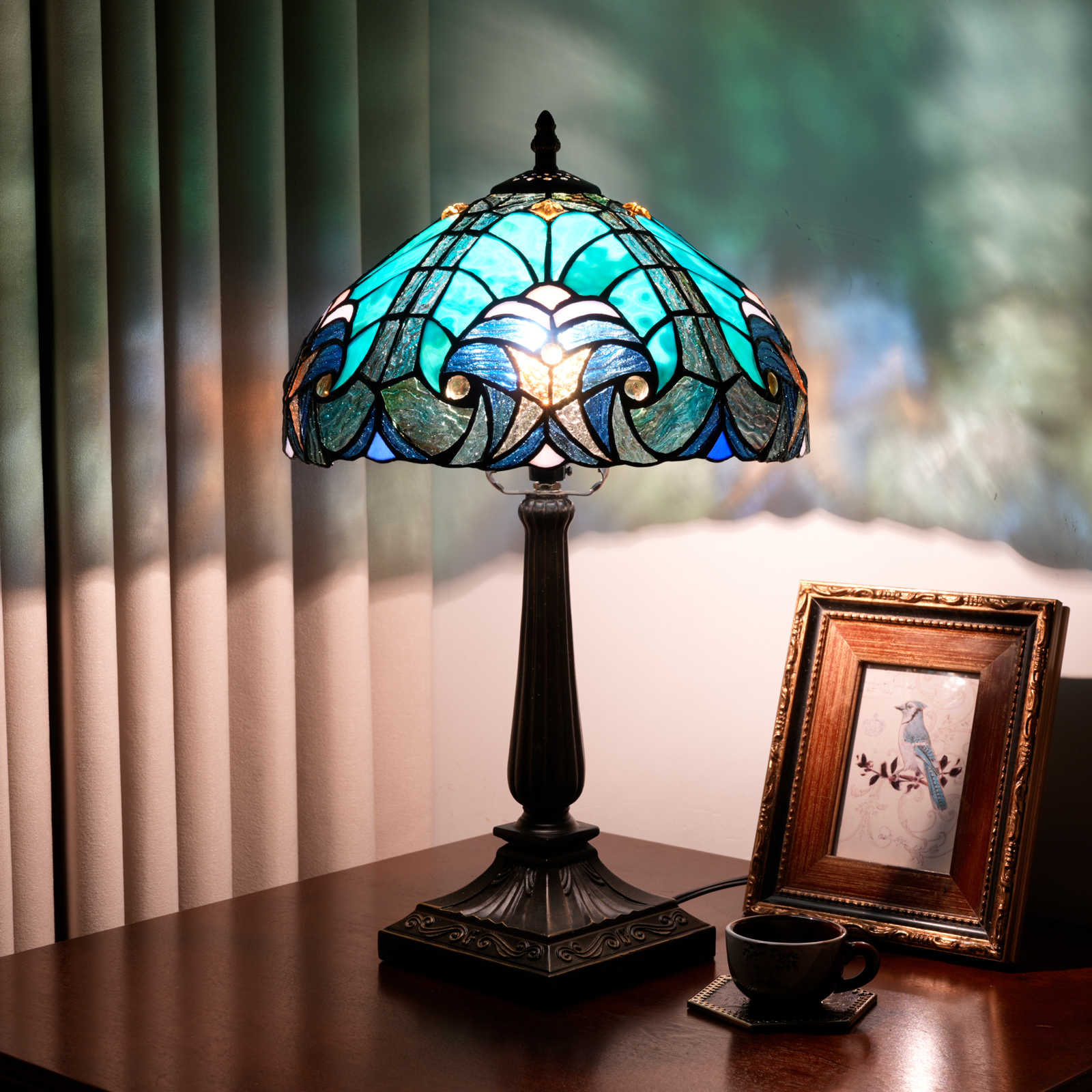 Blivuself Vintage Tiffany Style Blue Speckled Glass Table Lamp, Handcrafted Art Deco Bedside Nightstand Light with Ocean Textured Speckled Pattern, Jewel Embellished Shade, Antique Bronze Aluminium Alloy Base, 57 Inch Cord, Ideal for Bedroom, Living Room, Home Office, Rustic & Retro Decor OFT1395