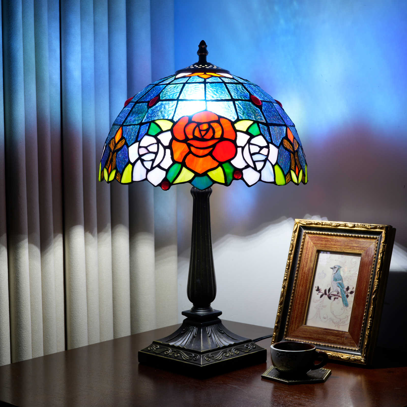 Blivuself Blue Rose Pattern Stained Glass Table Lamp, Tiffany Style 12 Inch Vintage Nightstand Light, Handcrafted Floral Accent Lamp with Jewel Trim and Aluminium Alloy Base for Bedroom, Living Room, Office and Home Accent Decor OFT1394
