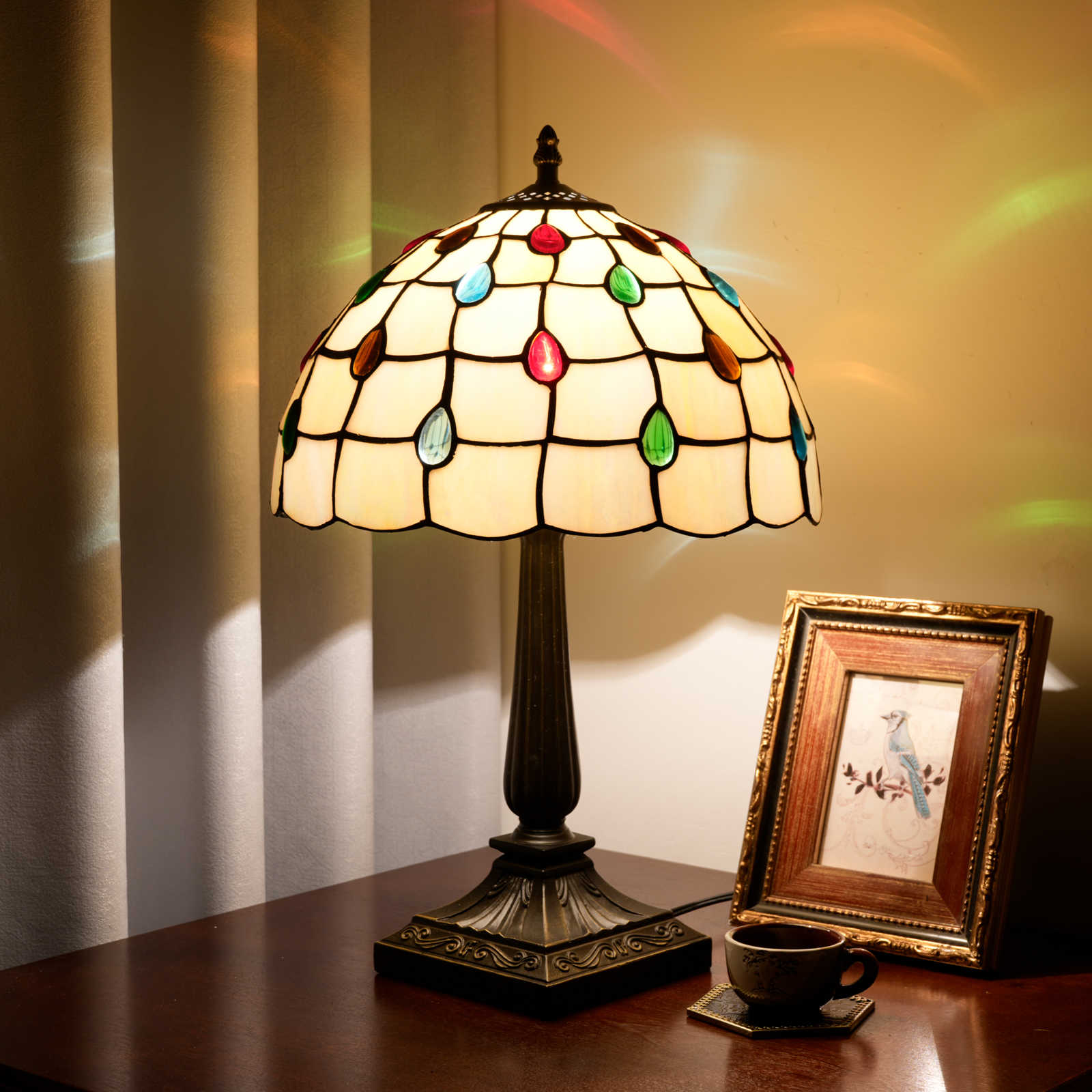 Blivuself Vintage Cream Jeweled Tiffany Table Lamp, 12 Inch Handcrafted Stained Glass Nightstand Lamp with Antique Bronze Finish Aluminium Alloy Base, Colourful Gem Trim Bedside Light for Bedroom, Living Room, Office, Home Decor OFT1393