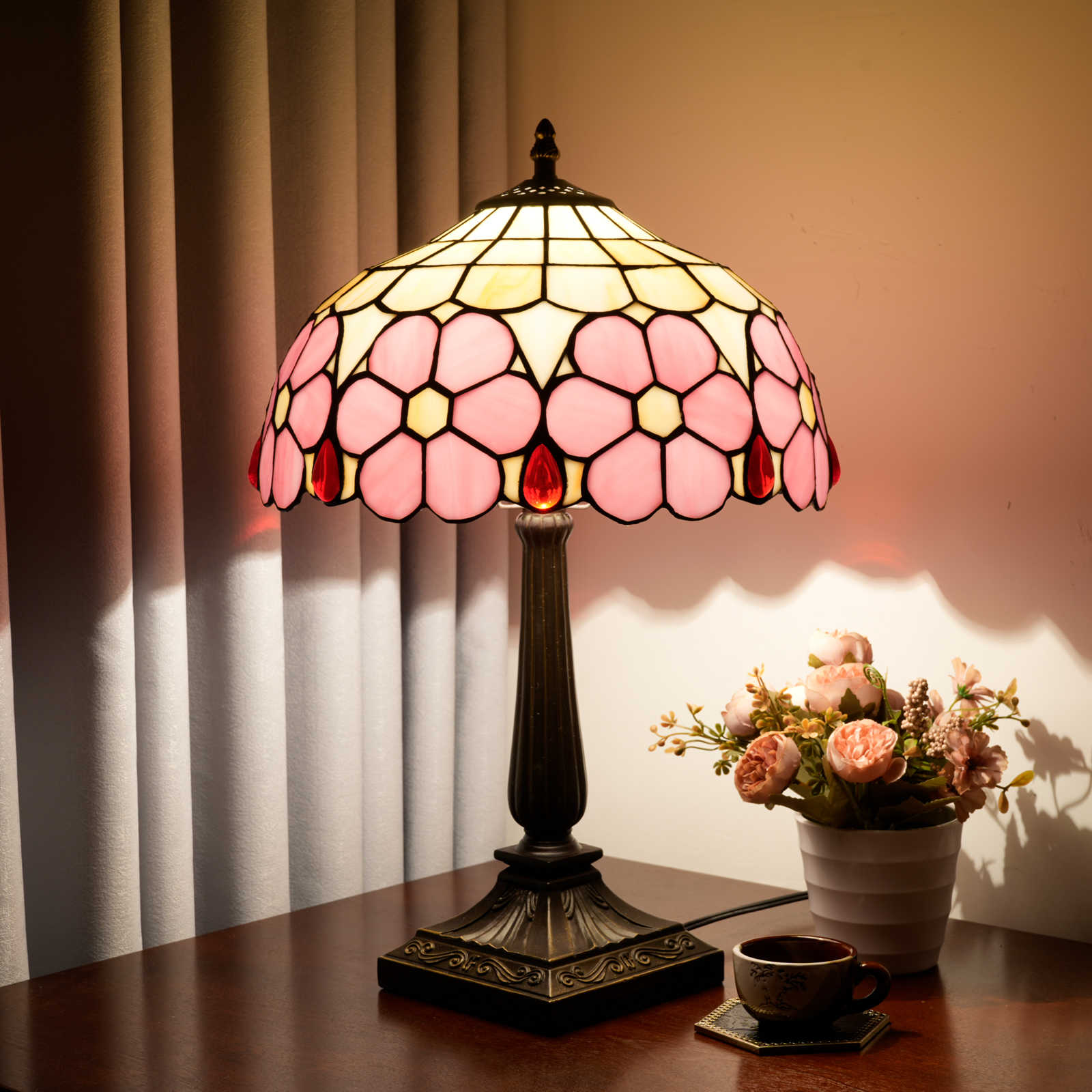 Blivuself Pink Flower Pattern Stained Glass Table Lamp, Tiffany Style 12 Inch Vintage Nightstand Light, Handcrafted Floral Accent Lamp with Jewel Trim and Aluminium Alloy Base for Bedroom, Living Room, Office and Home Accent Decor OFT1391