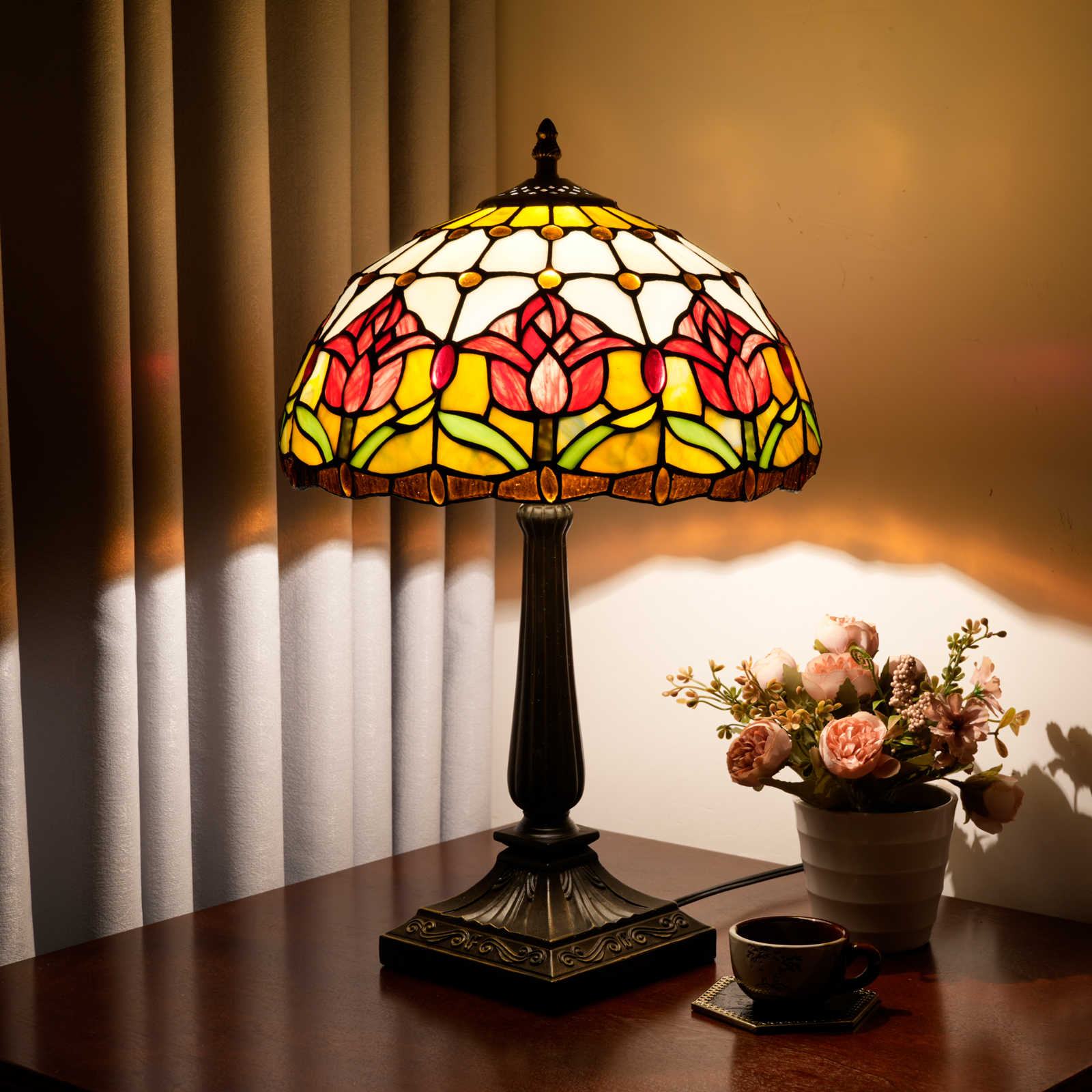 Blivuself Tulip Pattern Stained Glass Table Lamp, Tiffany Style 12 Inch Vintage Nightstand Light, Handcrafted Floral Accent Lamp with Aluminium Alloy Base for Bedroom, Living Room, Office and Home Accent Decor OFT1390