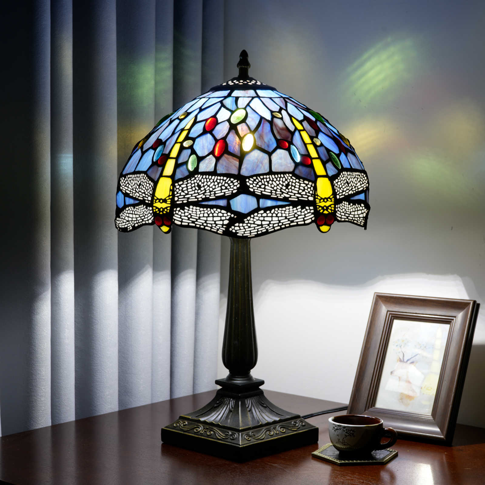 Blivuself Vintage Blue Dragonfly Tiffany Table Lamp, 12 Inch Handcrafted Stained Glass Art Deco Nightstand Lamp with Antique Bronze Finish Aluminium Alloy Base, Jeweled Bedside Light for Bedroom, Living Room, Office, Home Decor OFT1389