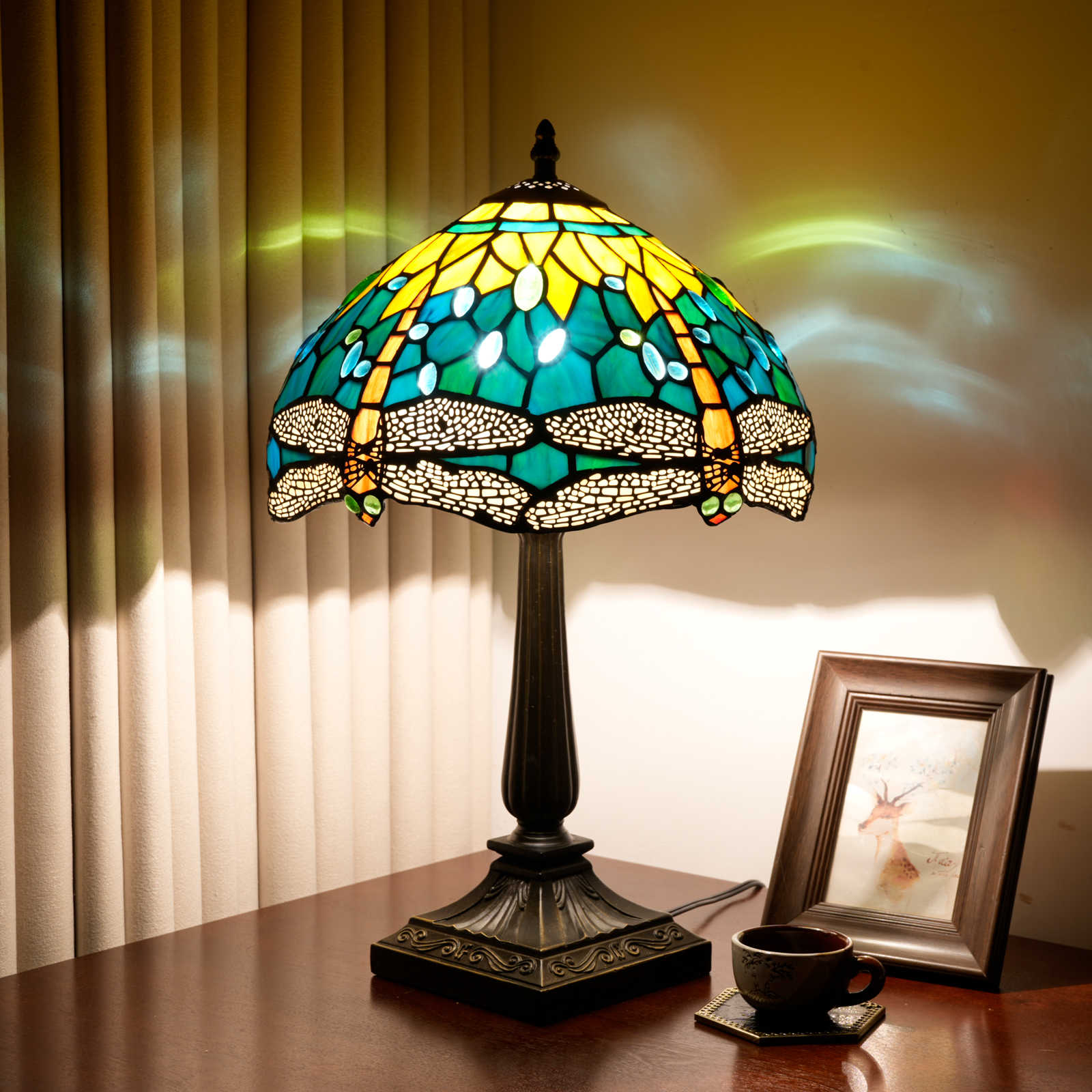 Blivuself Vintage Green Yellow Dragonfly Tiffany Table Lamp, 12 Inch Handcrafted Stained Glass Art Deco Nightstand Lamp with Antique Bronze Finish Aluminium Alloy Base, Jeweled Bedside Light for Bedroom, Living Room, Office, Home Decor OFT1387