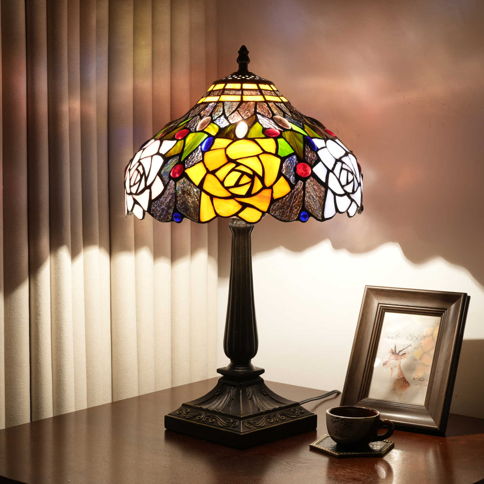 Blivuself Rose Pattern Stained Glass Table Lamp, Tiffany Style 12 Inch Vintage Nightstand Light, Handcrafted Floral Accent Lamp with Jewel Trim and Aluminium Alloy Base for Bedroom, Living Room, Office and Home Accent Decor OFT1386