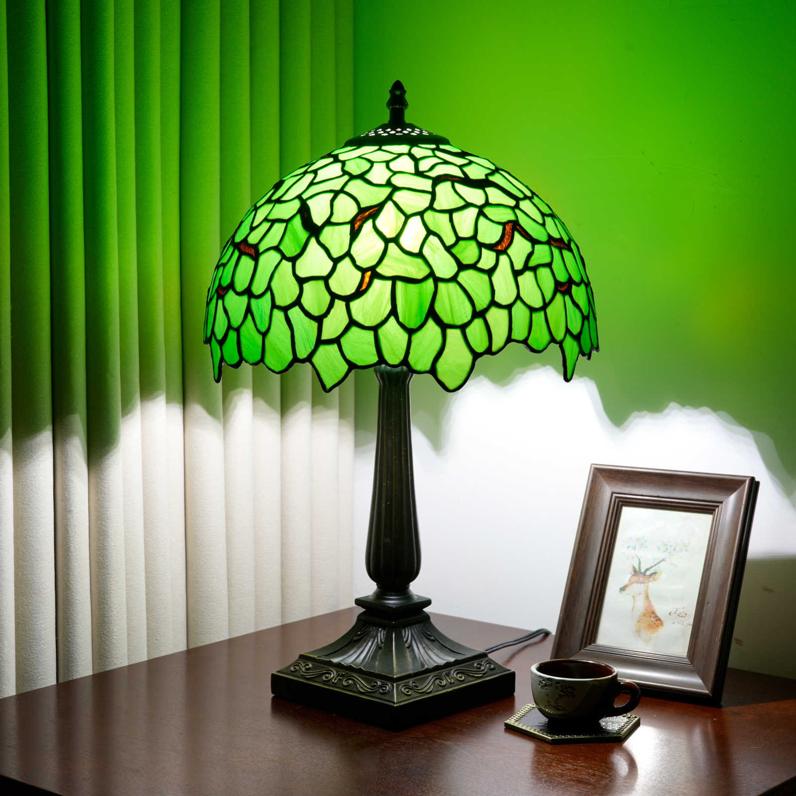 Blivuself 12 Inch Tiffany Style Stained Glass Green Leaf Lamp, Retro Nature Themed Accent Table Lamp with Aluminium Alloy Base Bedside Light for Bedroom, Living Room, Office, Home Decor OFT1385