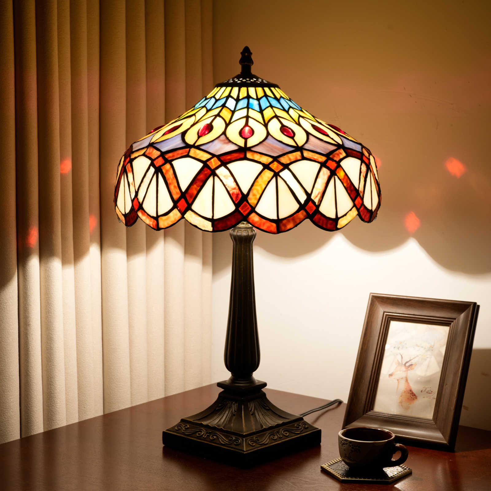 Blivuself 12 Inch Tiffany Style Stained Glass Peacock Feather Lamp, Retro Art Deco Themed Accent Table Lamp with Jewel Trim, Aluminium Alloy Base and 57 Inch Power Cord, Bedside Light for Bedroom, Living Room, Office, Home Decor OFT1384