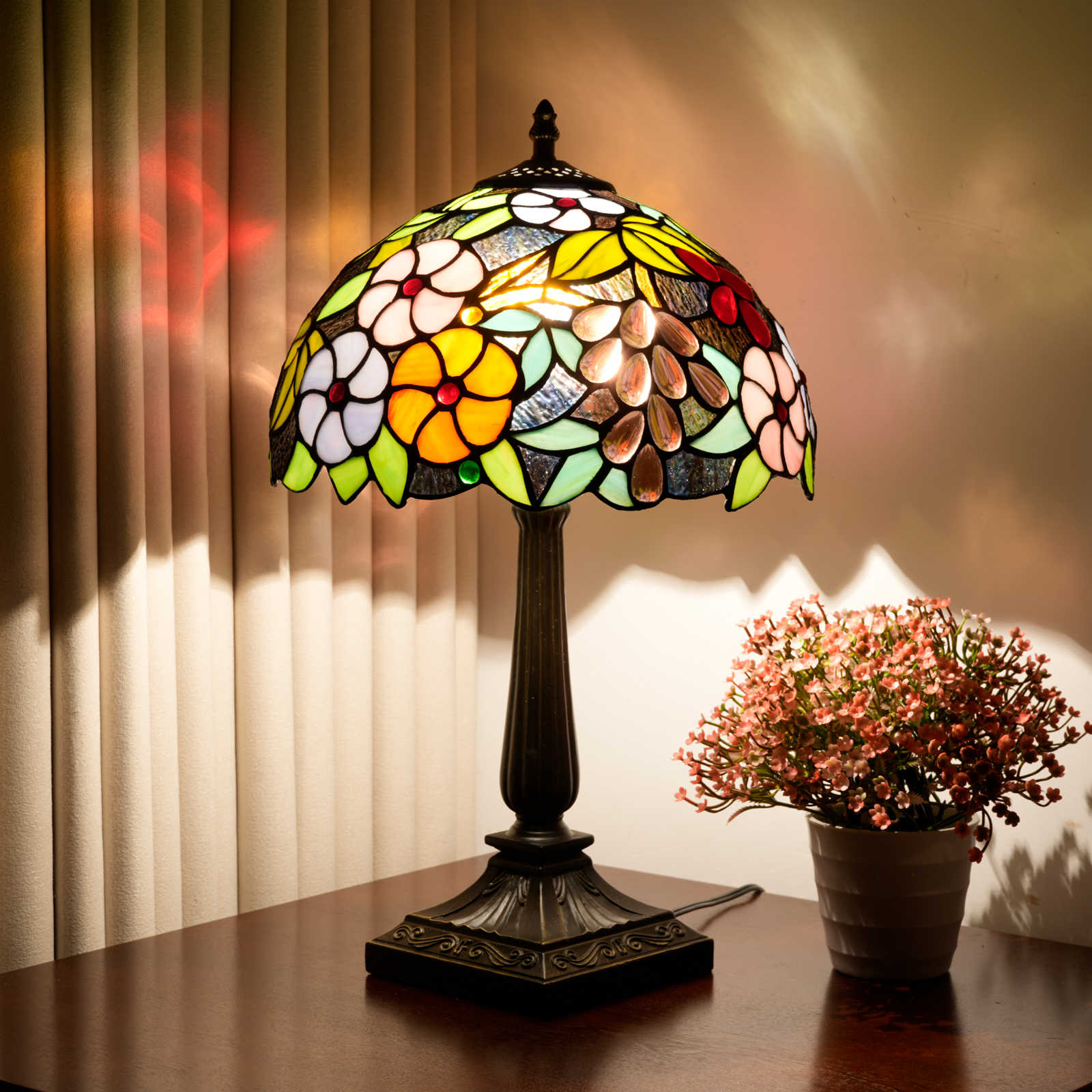 Blivuself 12 Inch Tiffany Style Stained Glass Multicolor Flower Lamp,  Antique Bronze Finish Aluminium Alloy Base, Nature Inspired Bedside Light for Bedroom, Living Room, Office, Home Decor OFT1383