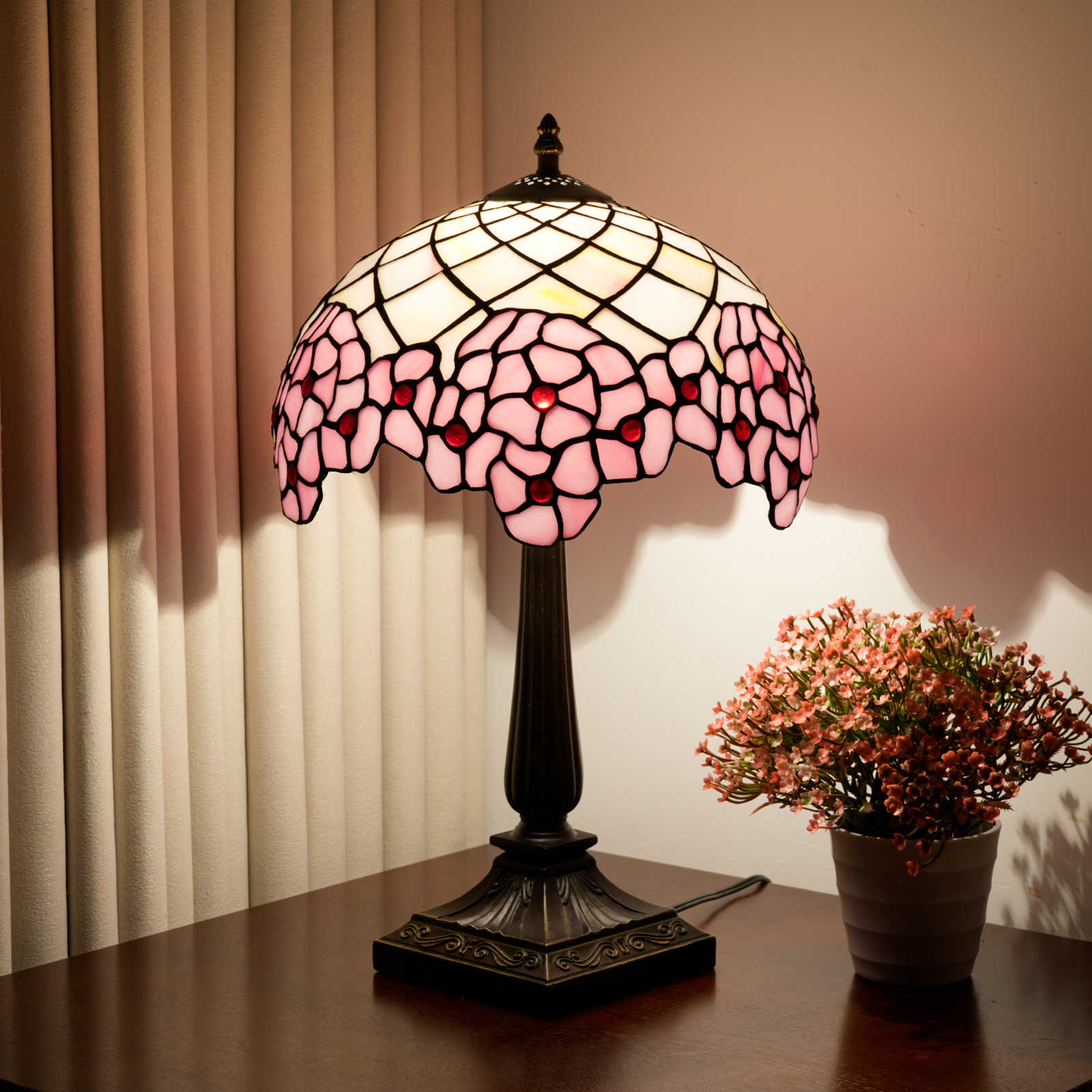Blivuself Vintage Pink Flower Tiffany Table Lamp,Tiffany Style 12 Inch Vintage Nightstand Light, Handcrafted Floral Accent Lamp with Jewel Trim and Aluminium Alloy Base for Bedroom, Living Room, Office and Home Accent Decor OFT1382