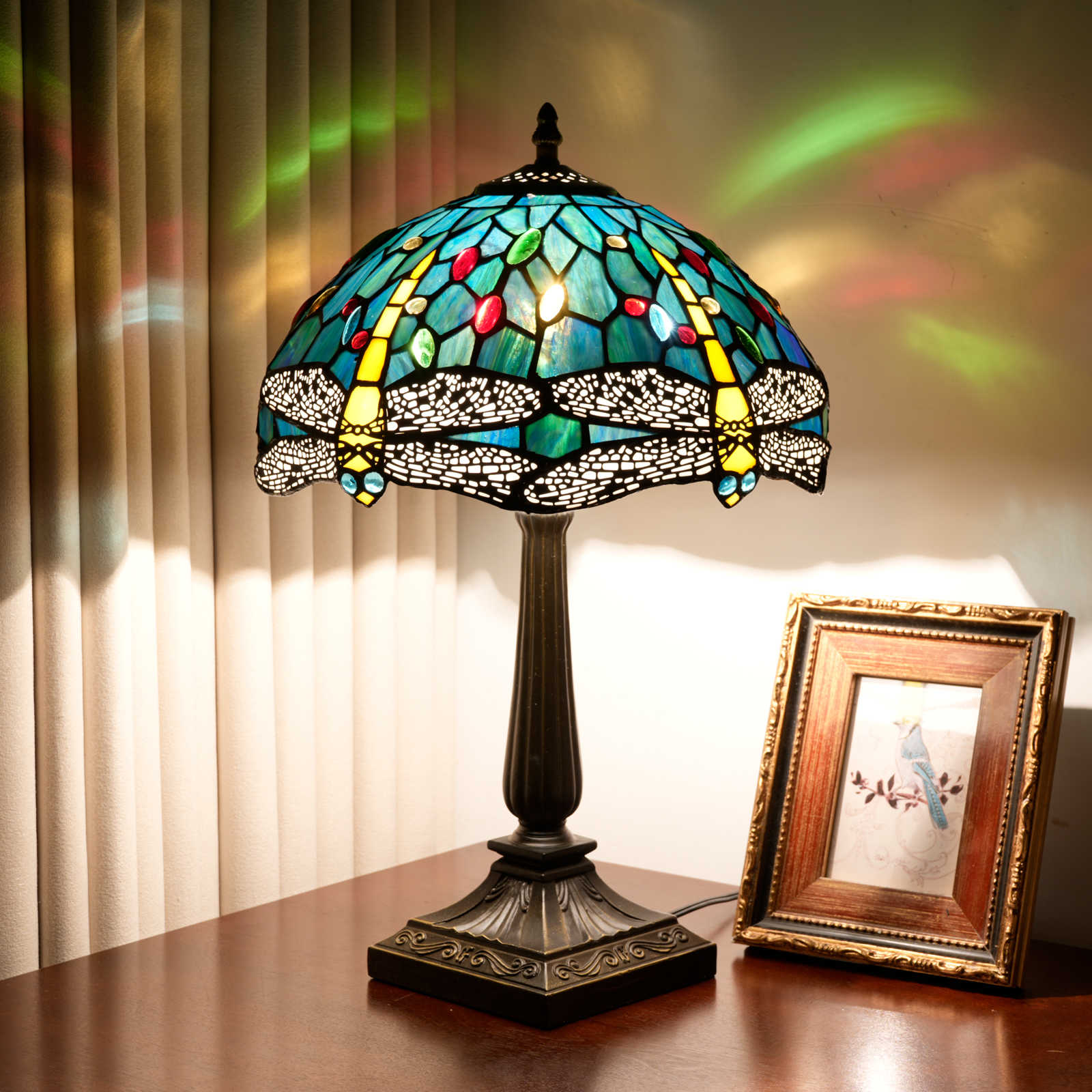 Blivuself Vintage Green Dragonfly Tiffany Table Lamp,Tiffany Style 12 Inch Vintage Nightstand Light, Handcrafted Art Deco Accent Lamp with Aluminium Alloy Base for Bedroom, Living Room, Office and Home Accent Decor OFT1380