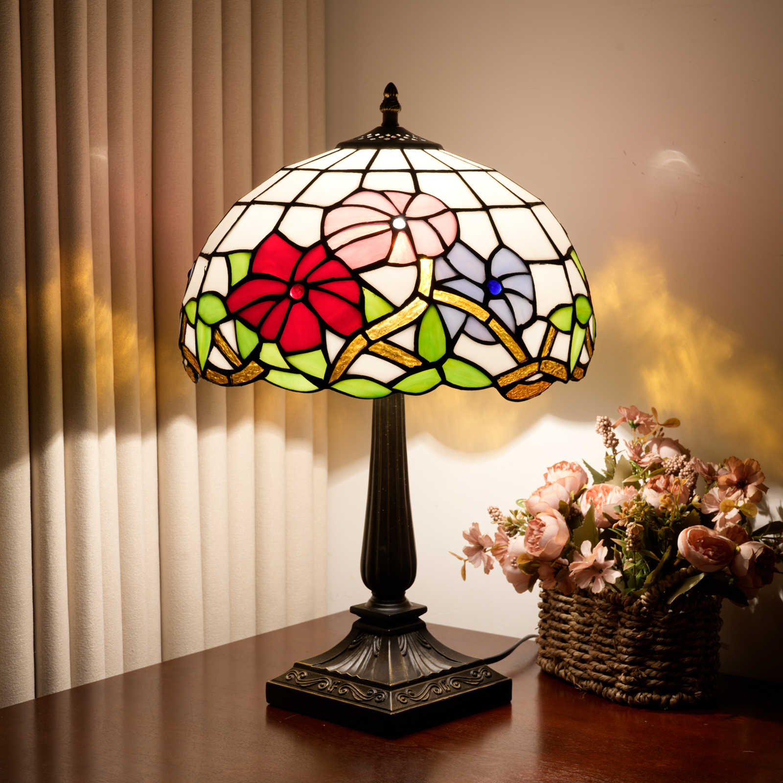 Blivuself Vintage Multicolor Flower Tiffany Table Lamp, 12 Inch Handcrafted Stained Glass Floral Nightstand Lamp with Antique Bronze Finish Aluminium Alloy Base, Nature Inspired Bedside Light for Bedroom, Living Room, Office, Home Decor OFT1379