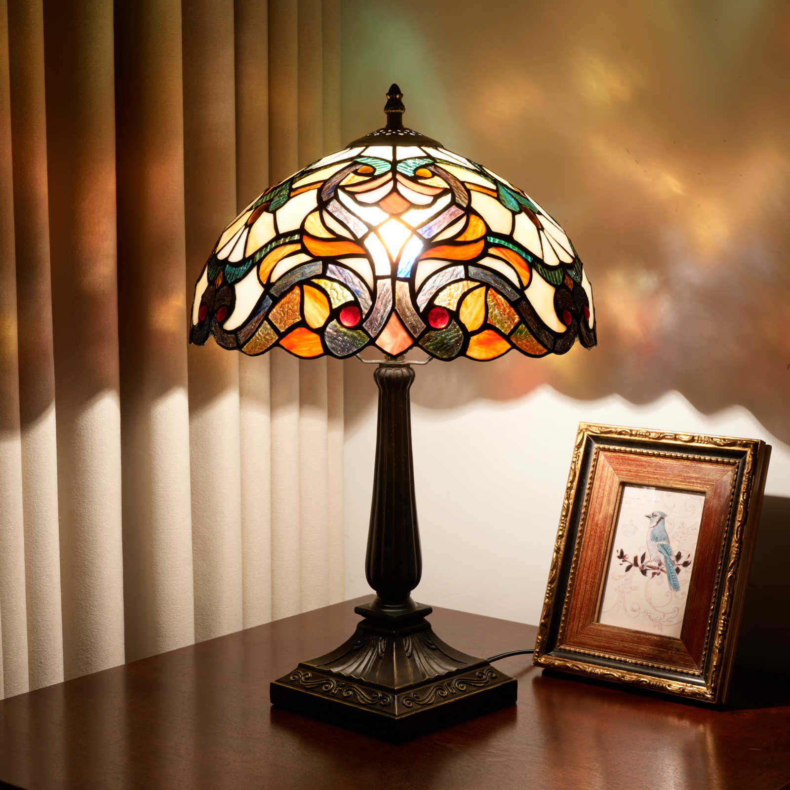 Blivuself Vintage Red Baroque Tiffany Table Lamp, 12 Inch Handcrafted Stained Glass Art Deco Nightstand Lamp with Antique Bronze Finish Aluminium Alloy Base, Jeweled Bedside Light for Bedroom, Living Room, Office, Home Decor OFT1378