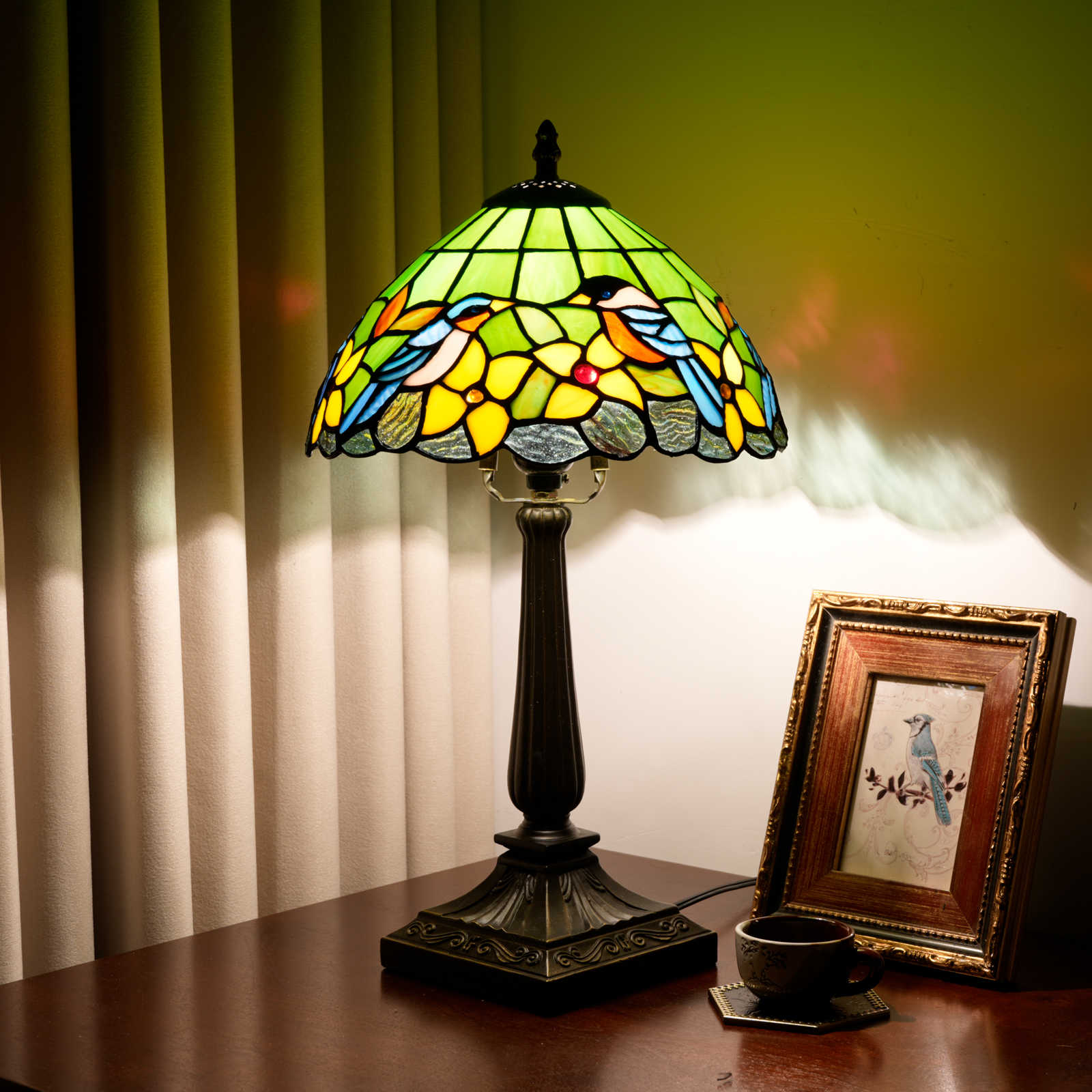 Blivuself Vintage Green Base Double Bird Tiffany Table Lamp, 10 Inch Handmade Stained Glass Nightstand Lamp with Antique Bronze Finish Resin Base, Nature Inspired Bedside Light for Bedroom, Living Room, Office, Nursery, Kids Room Decor OFT1436