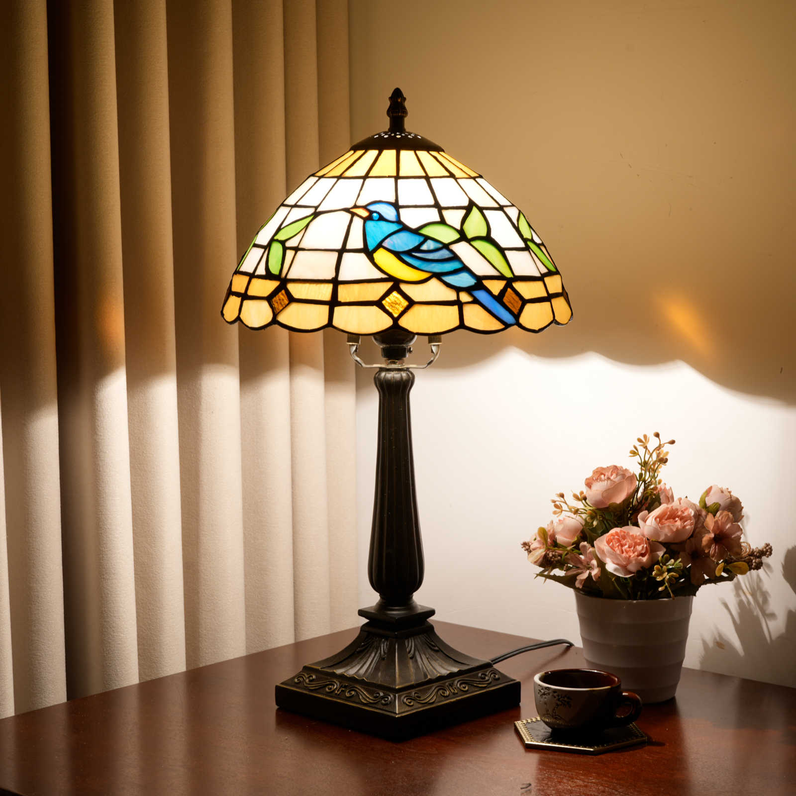 Blivuself Vintage Blue Bird Tiffany Table Lamp, 10 Inch Handmade Stained Glass Nightstand Lamp with Antique Bronze Finish Resin Base, Nature Inspired Bedside Light for Bedroom, Living Room, Office, Nursery, Kids Room Decor OFT1435