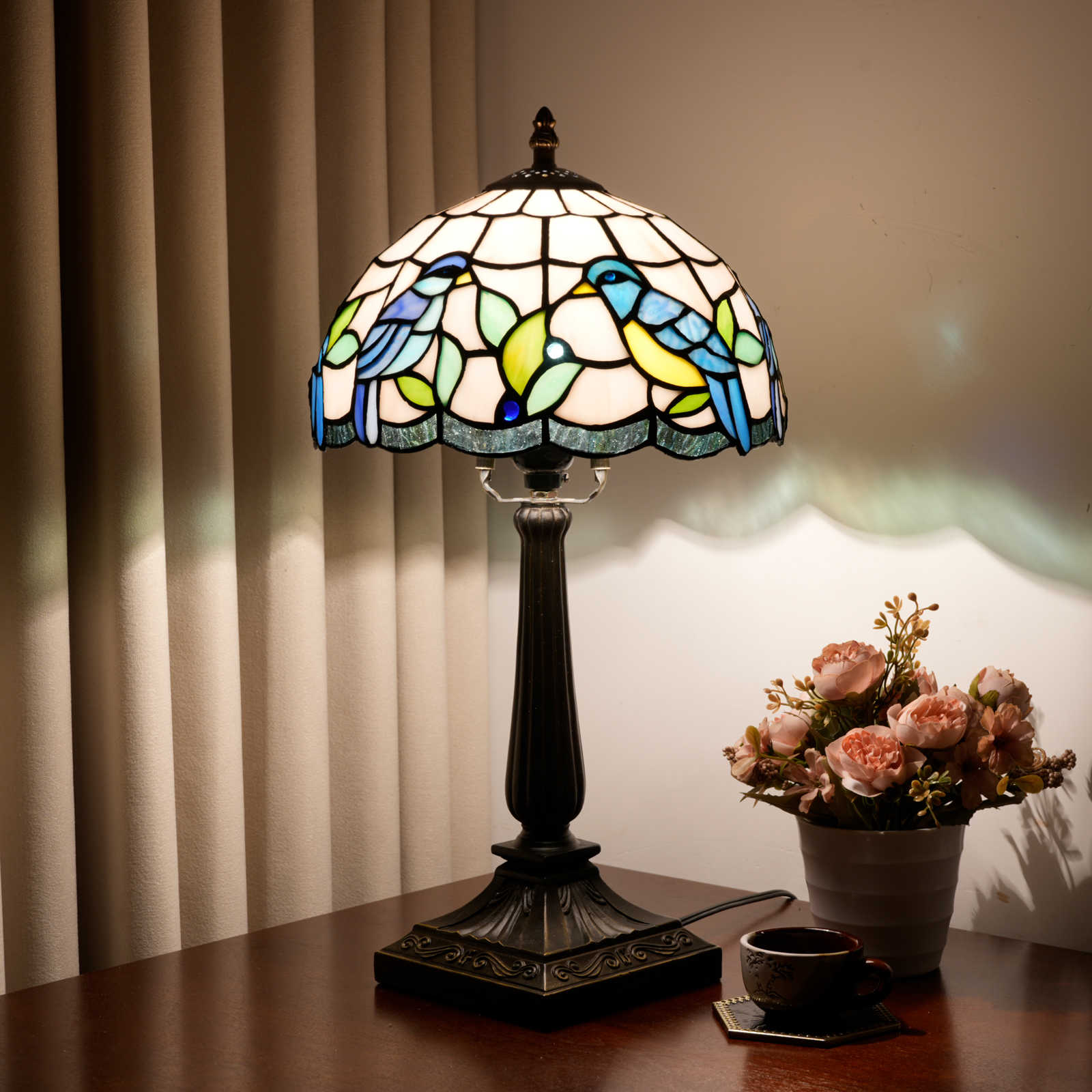 Blivuself Multicolor Blue Bird Pattern Stained Glass Table Lamp, Tiffany Style 10 Inch Vintage Nightstand Light, Handcrafted Nature Accent Lamp with Resin Base for Bedroom, Living Room, Office, Kids Room and Home Accent Decor OFT1434