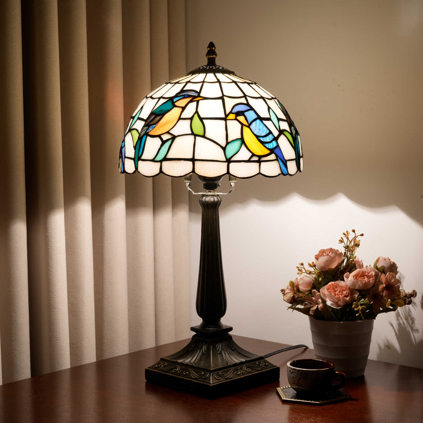 Blivuself Vintage Small  Bird Tiffany Table Lamp, 10 Inch Handmade Stained Glass Nightstand Lamp with Antique Bronze Finish Resin Base, Nature Inspired Bedside Light for Bedroom, Living Room, Office, Nursery, Kids Room Decor OFT1433