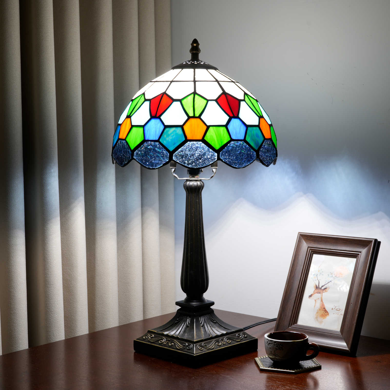 Blivuself Multicolor Art Deco Stained Glass Table Lamp, Tiffany Style 10 Inch Geometric Bedside Lamp, Vintage Accent Light with Resin Base and Inline Switch, Ideal for Bedroom, Living Room, Office, Kids Room Decor OFT1432 