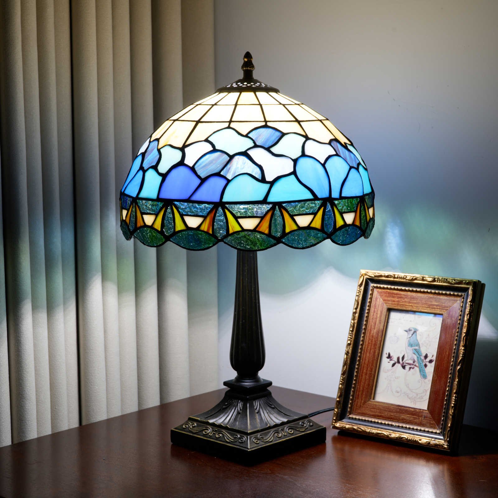 Blivuself Blue Ocean Tiffany Style Stained Glass Table Lamp, 12 Inch Coastal Themed Bedside Light, Vintage Nautical Nightstand Lamp with Antique Bronze Base for Bedroom, Living Room OFT1431