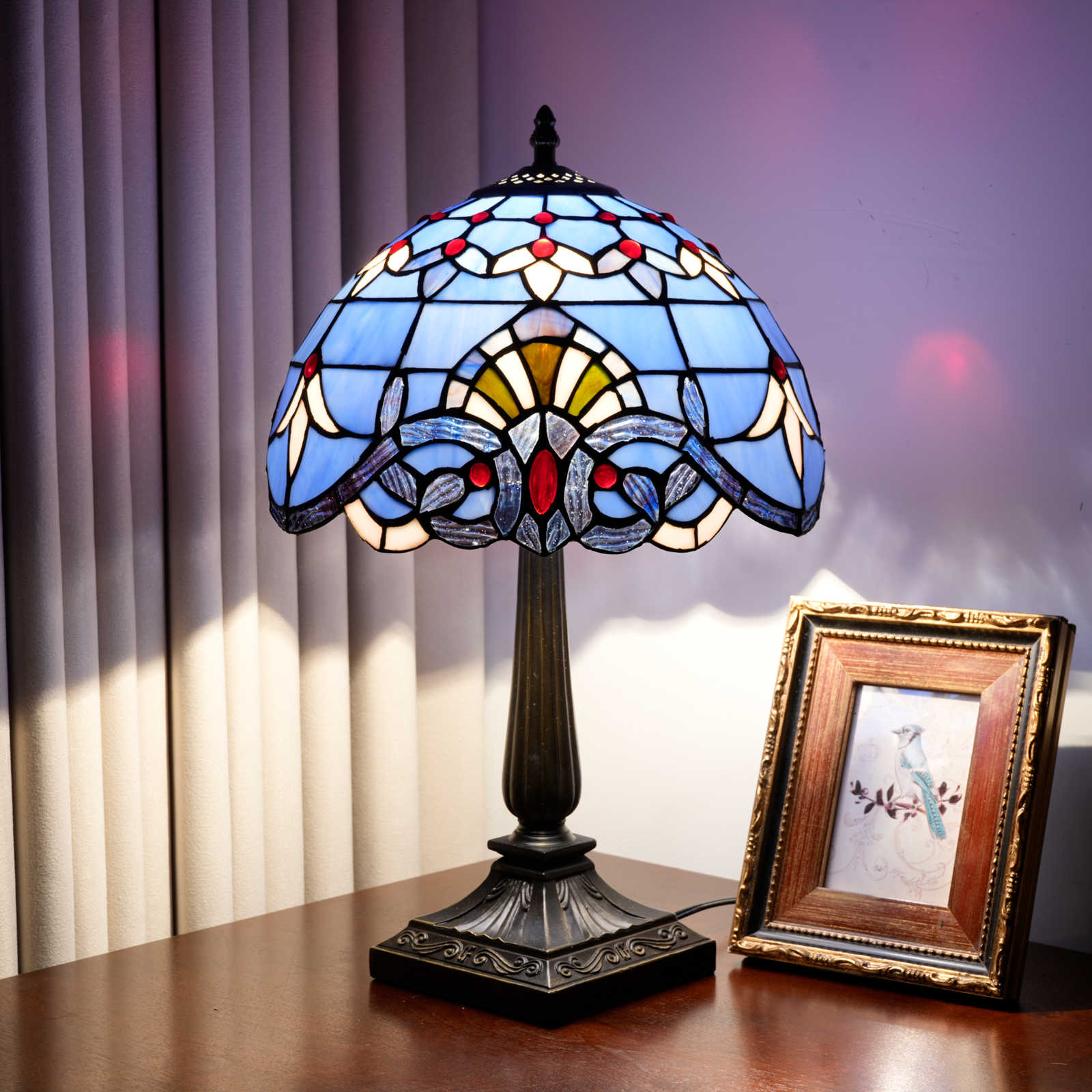 Blivuself Blue Baroque Tiffany Style Stained Glass Table Lamp, 12 Inch Ornate Vintage Bedside Light, Jeweled Art Deco Nightstand Lamp with Antique Bronze Base for Bedroom, Living Room OFT1430